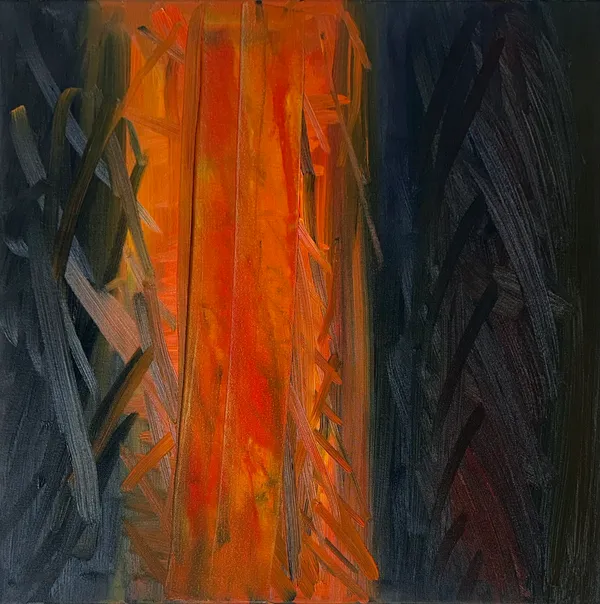 Bright orange vertical band between dark scratched strokes