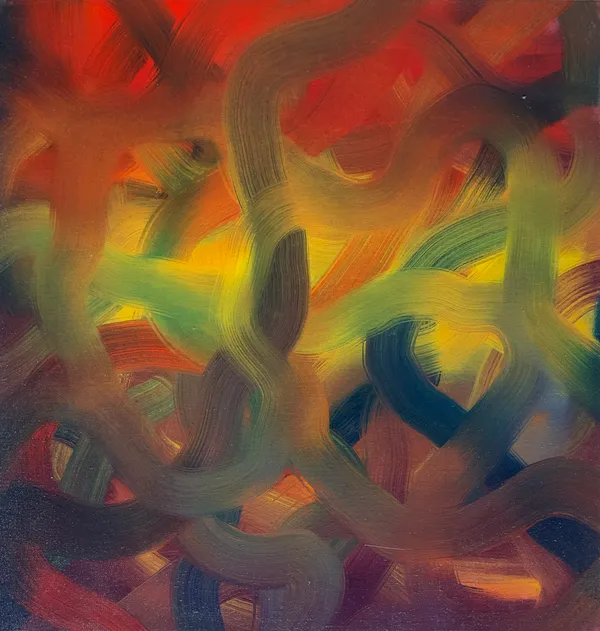 Looping brushstrokes in red, yellow, green, and blue