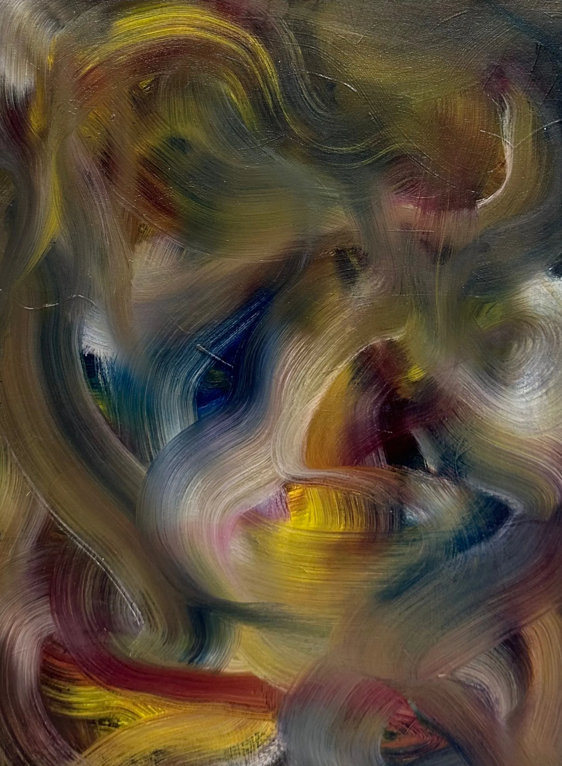 Swirling strokes of yellow, blue, and cream