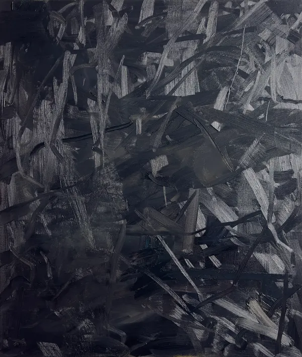 Dark grey canvas covered in criss-crossing strokes