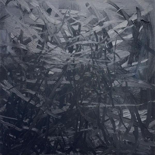 Grey and black canvas dense with criss-crossing strokes