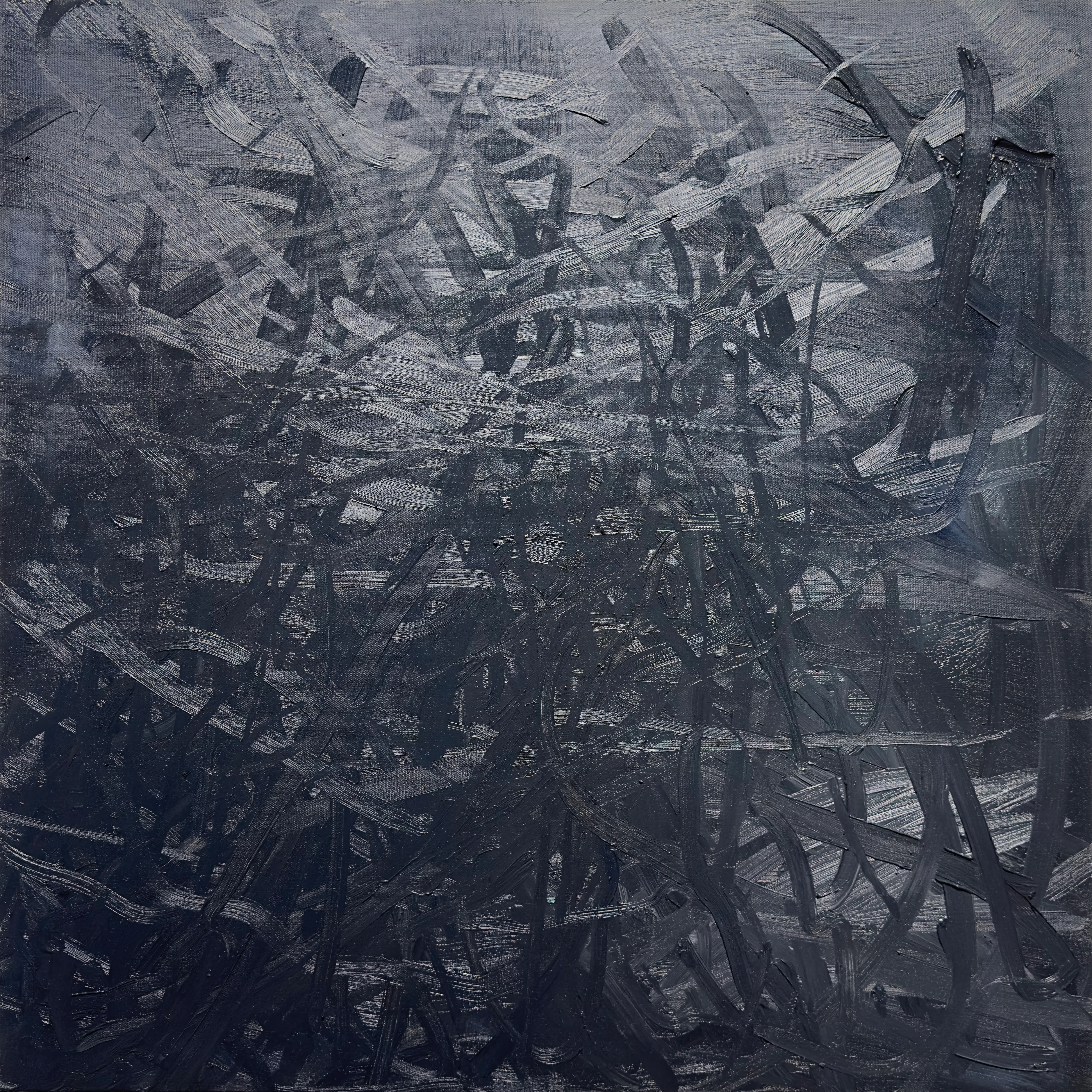 Grey and black canvas dense with criss-crossing strokes