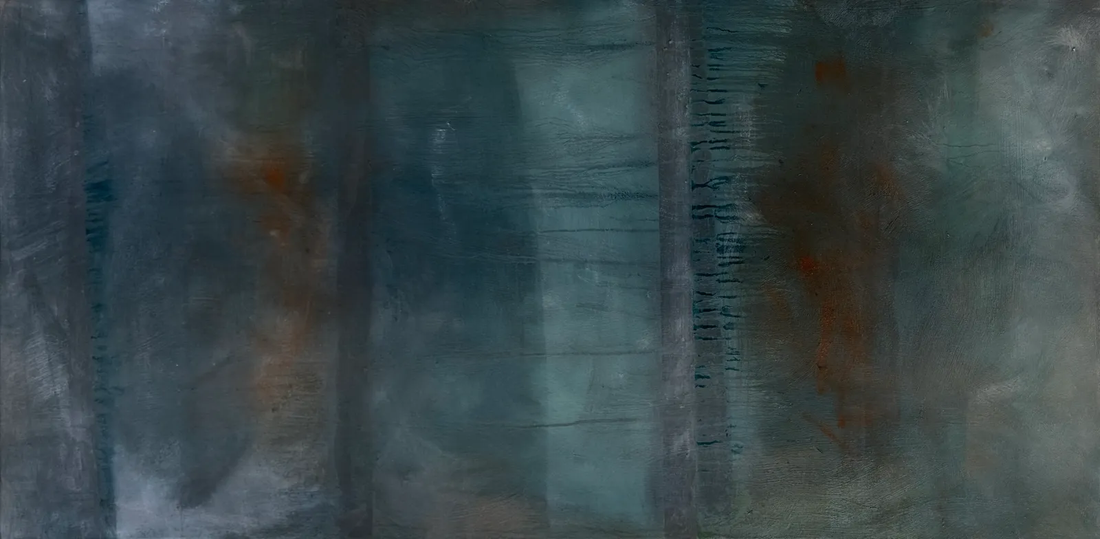 Wide abstract of dark blue-grey vertical bands with rust stains