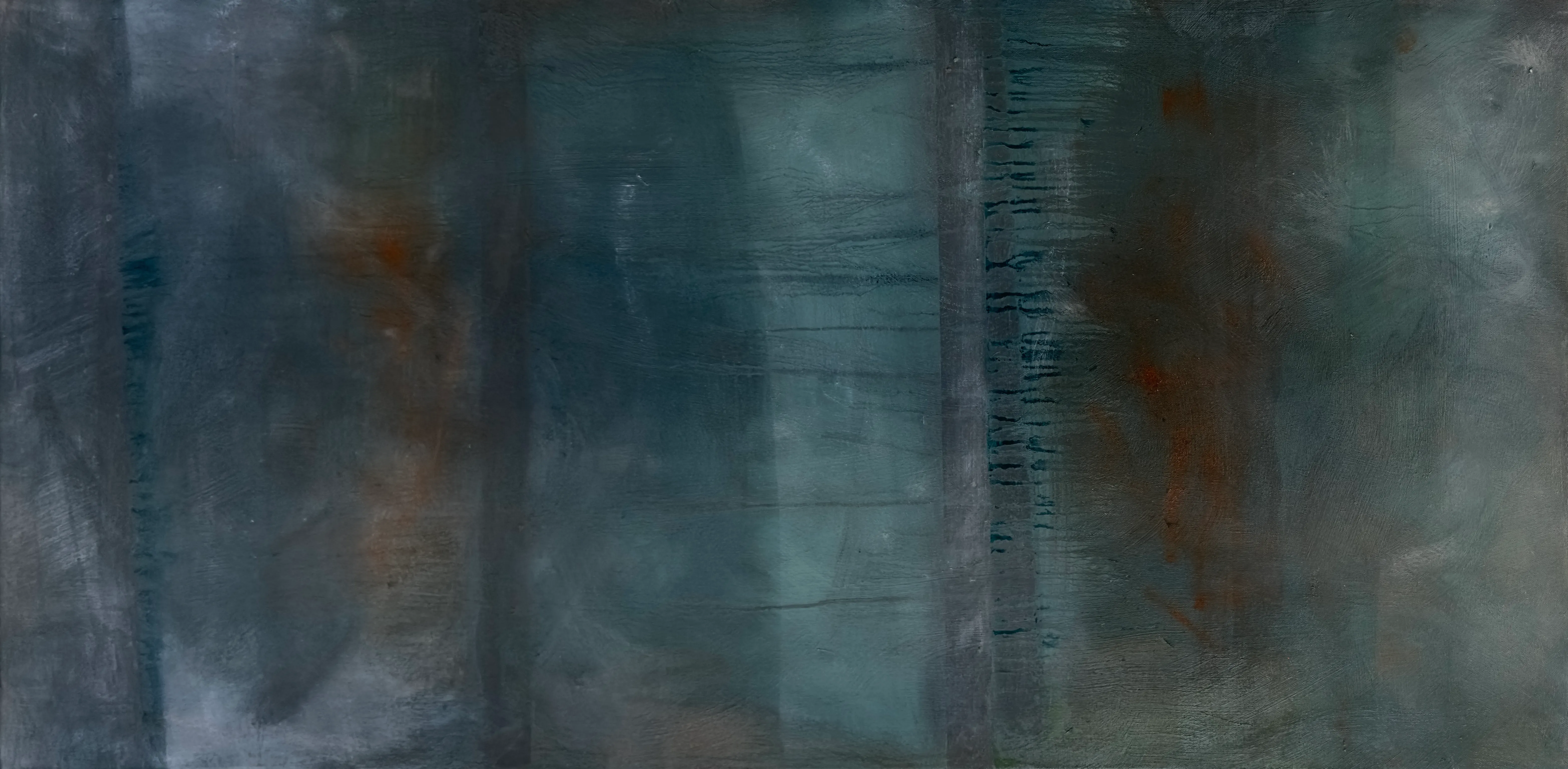 Wide abstract of dark blue-grey vertical bands with rust stains