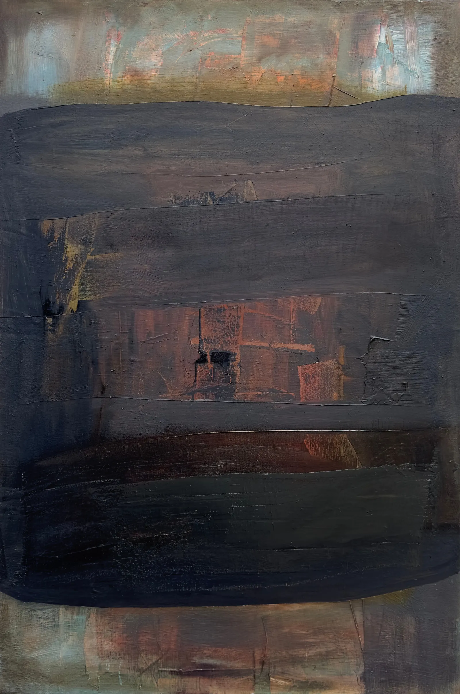 Tall abstract of heavy dark brown slabs laid across it, with pale edges