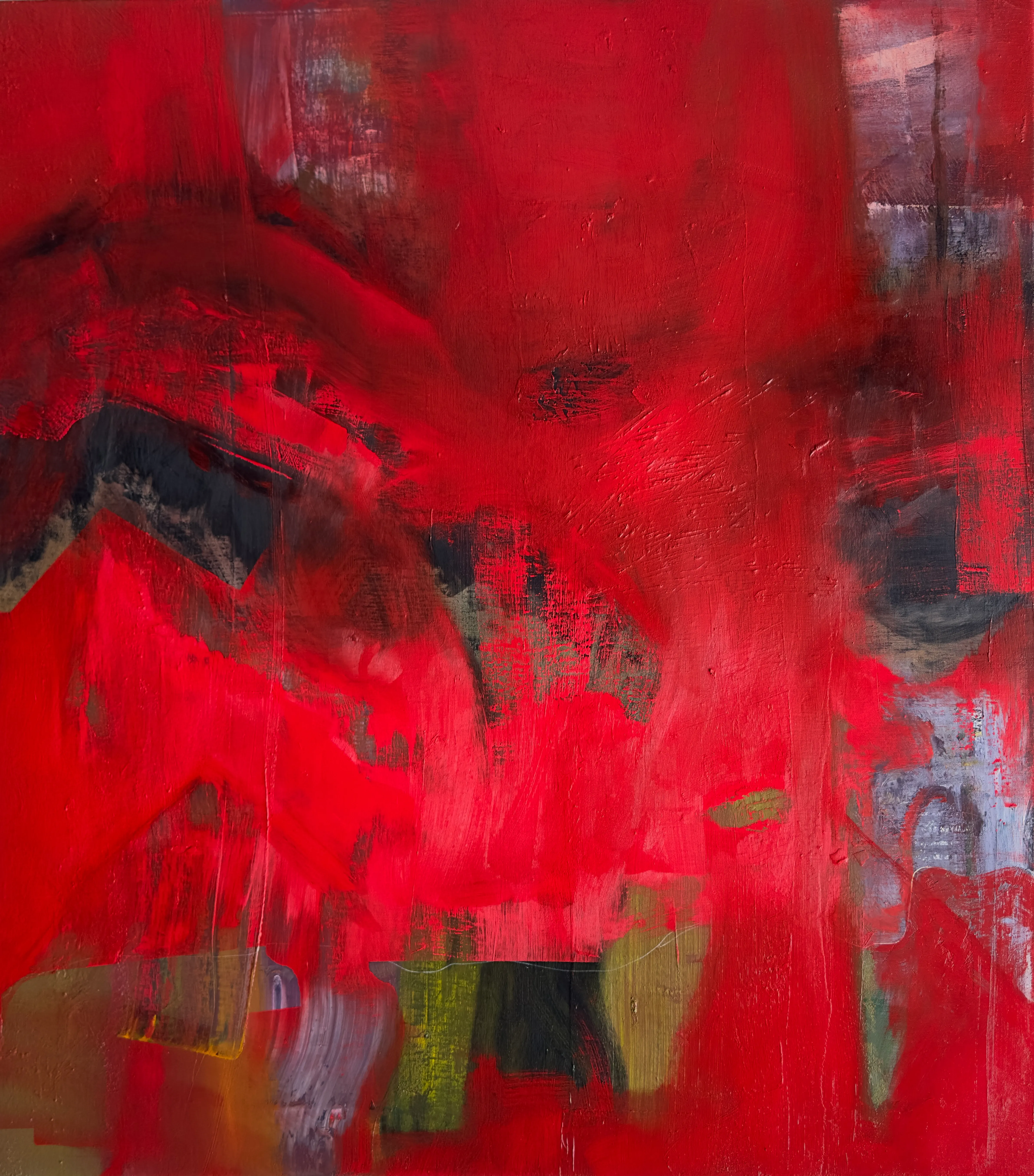 Vivid red abstract with dark marks and small green and black shapes