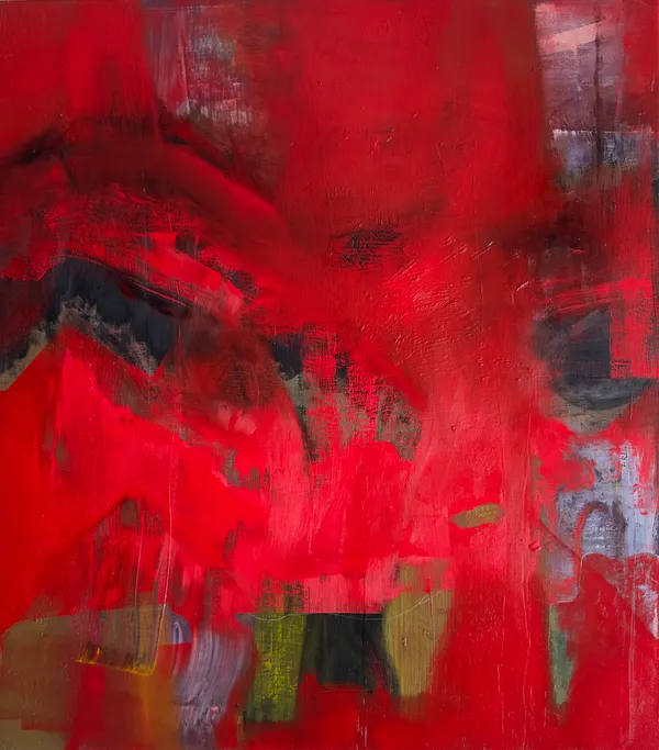 Vivid red abstract with dark marks and small green and black shapes