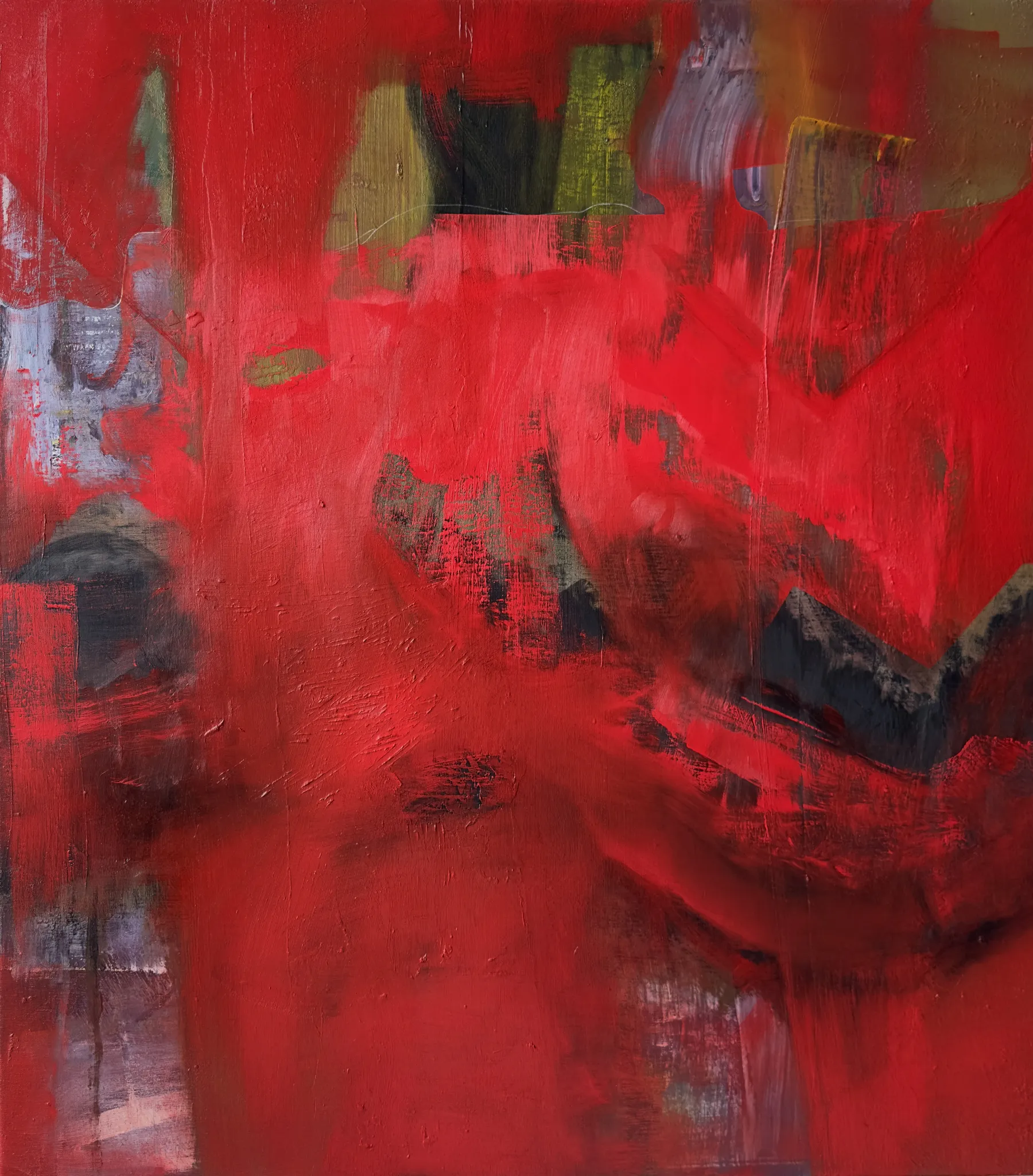 Vivid red abstract with dark marks and small green and black shapes