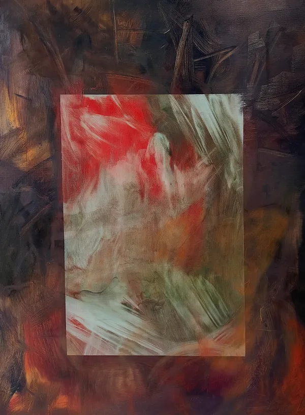 Dark brown field framing a rectangle of red and white strokes