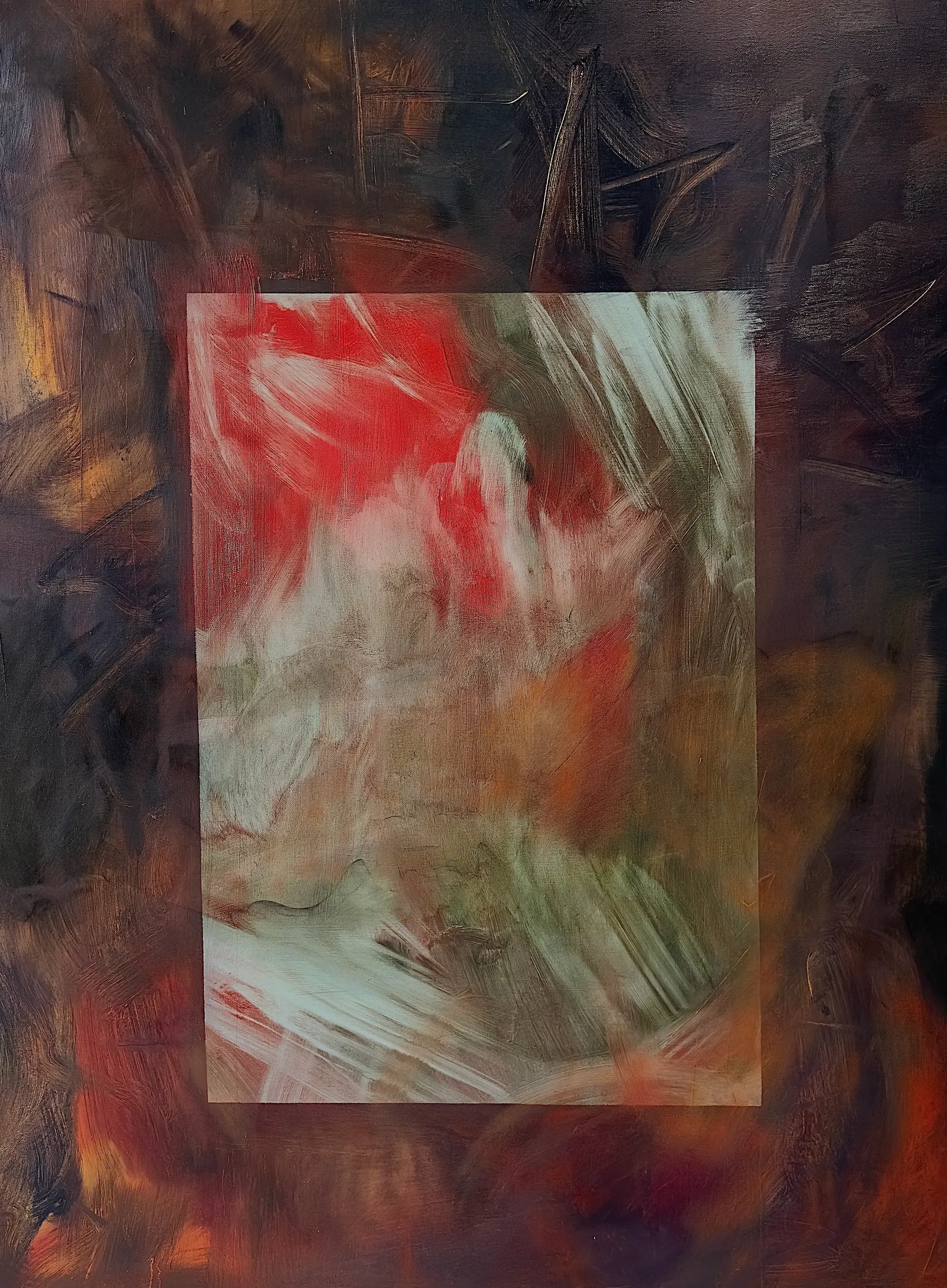 Dark brown field framing a rectangle of red and white strokes