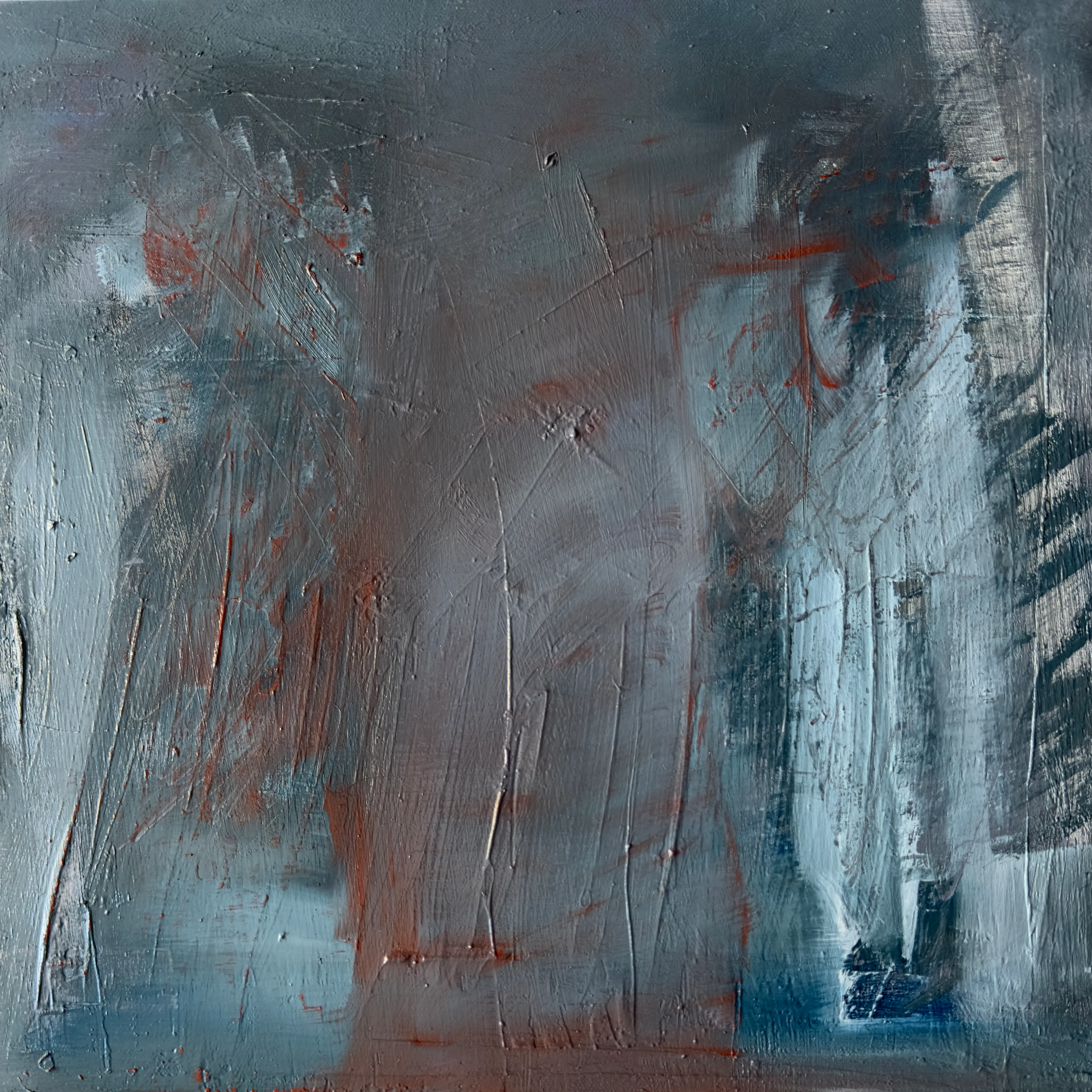 Grey and white abstract with rust marks and heavy scraped strokes