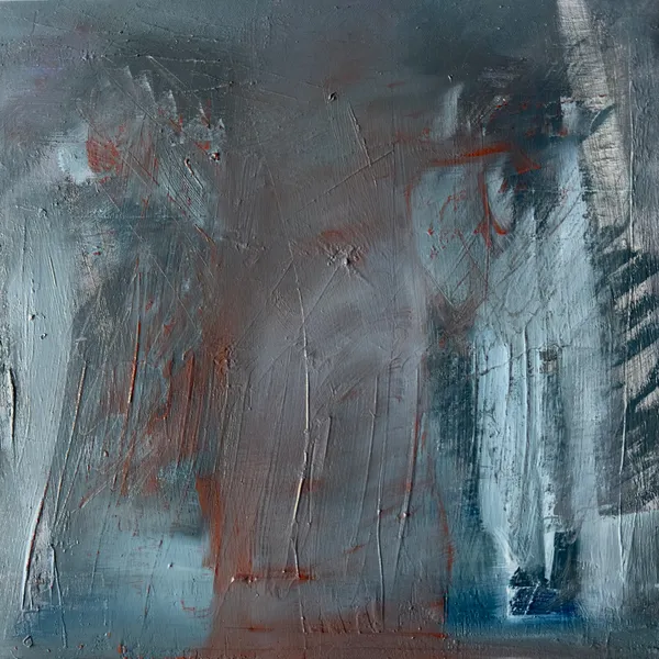 Grey and white abstract with rust marks and heavy scraped strokes