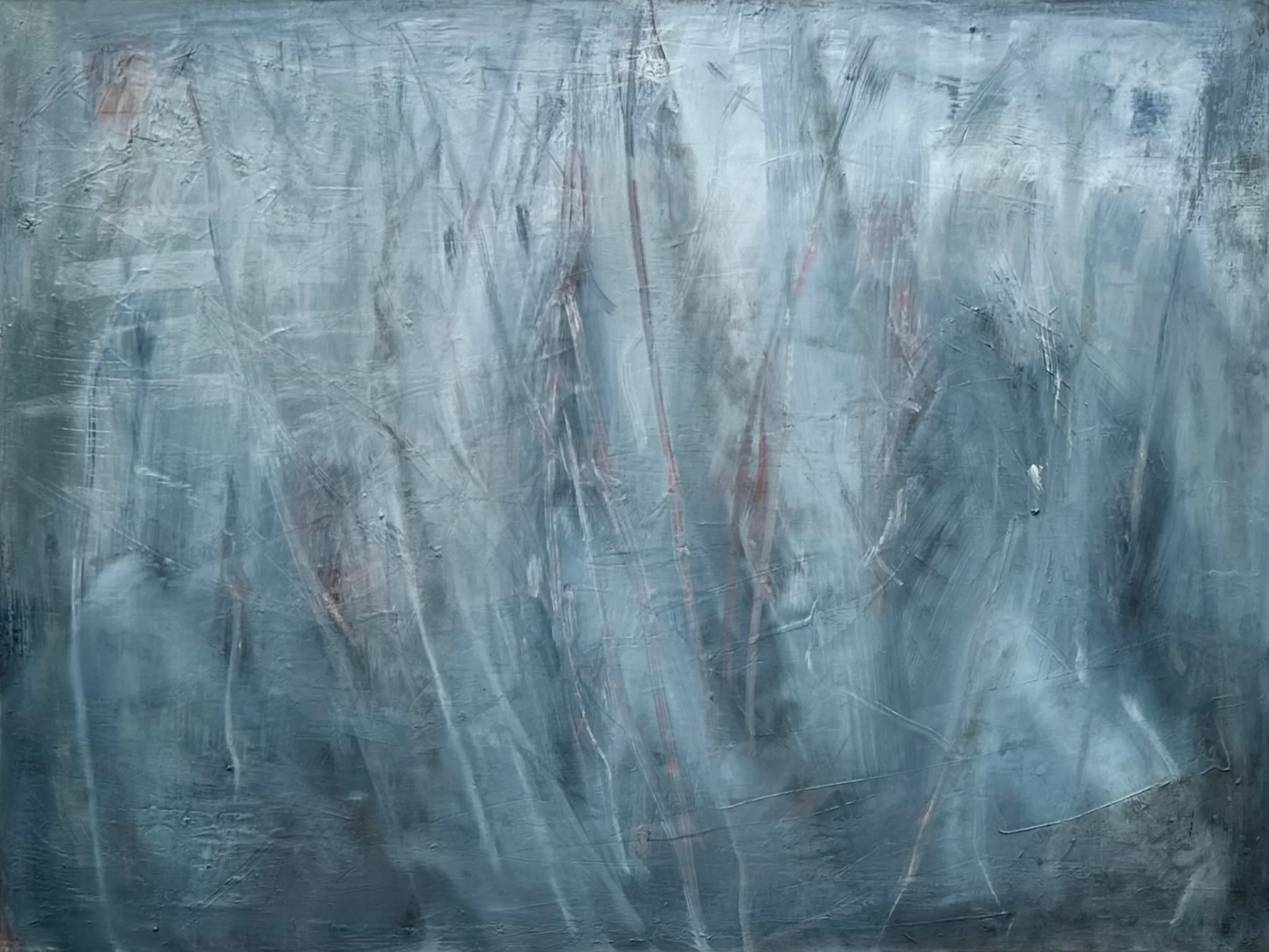 Wide pale blue-grey canvas veiled in soft white strokes with faint scratched lines