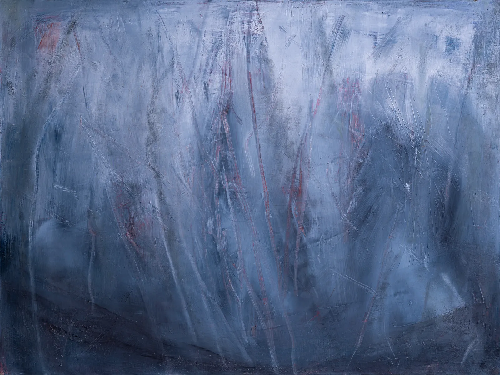 Wide pale blue-grey canvas veiled in soft white strokes with faint scratched lines
