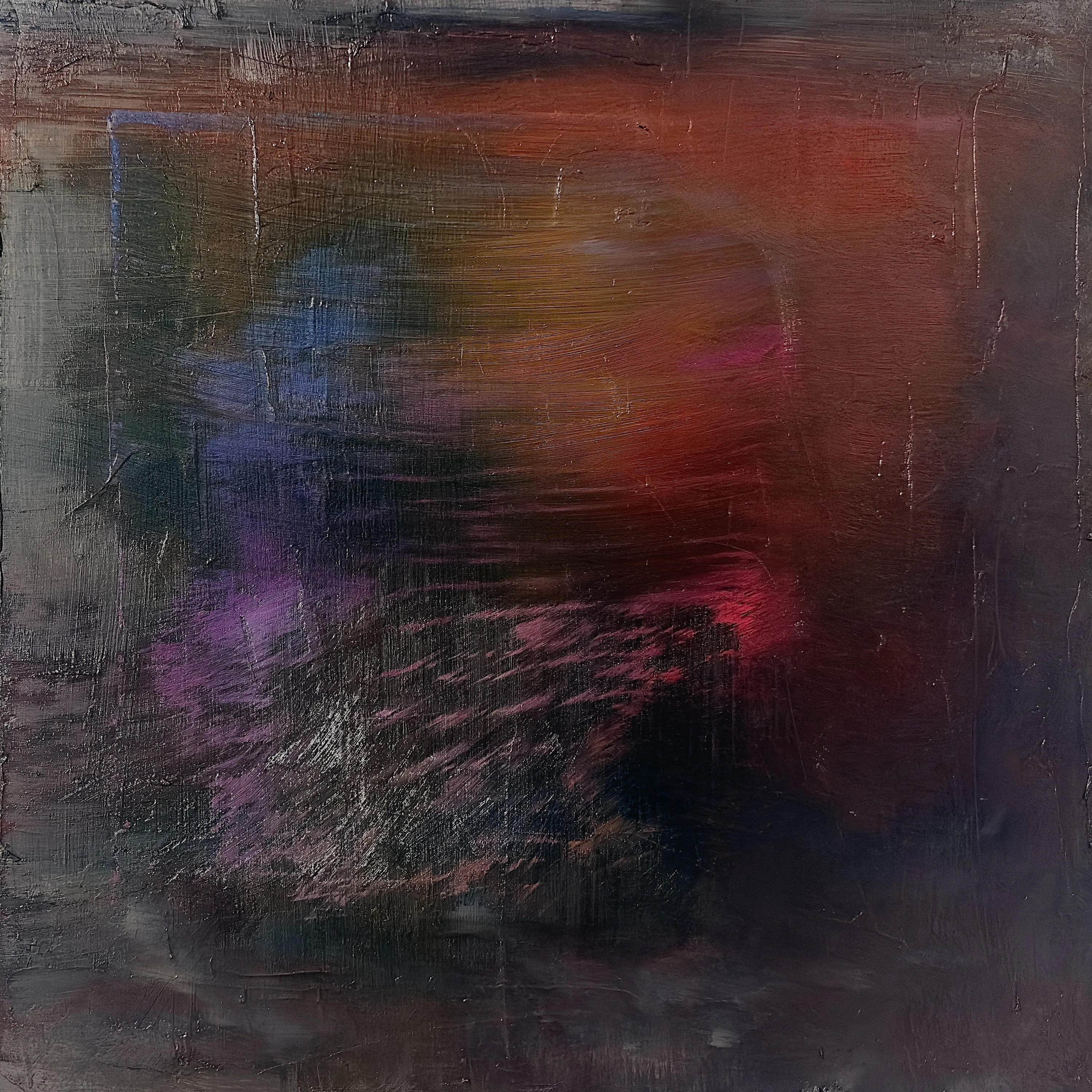 Dark canvas with a hazy glow of purple, orange, and red