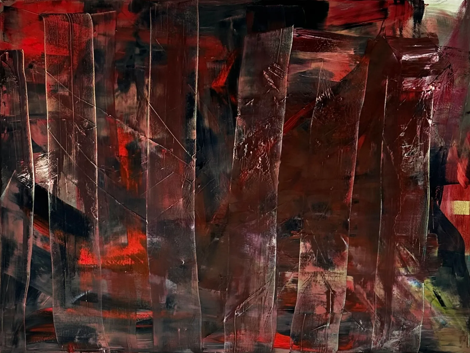 Wide canvas of dark red and black with translucent vertical bands dragged across it
