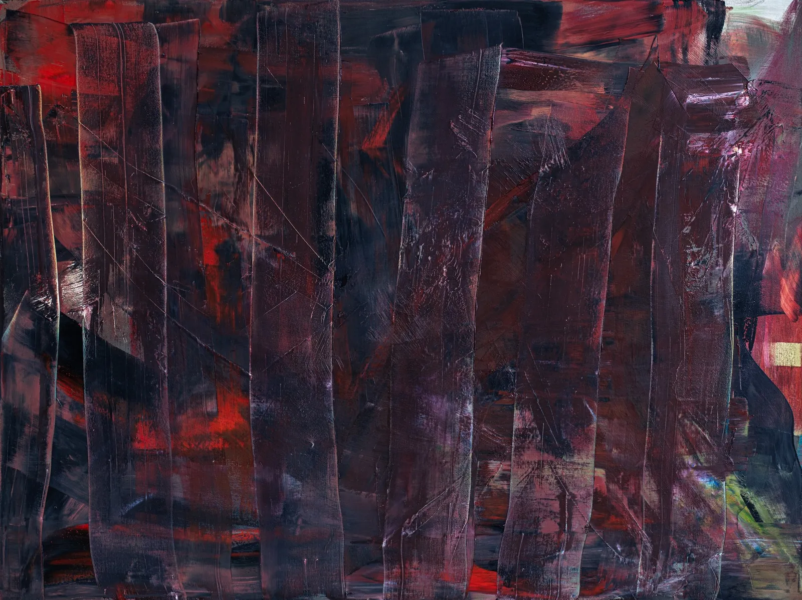 Wide canvas of dark red and black with translucent vertical bands dragged across it