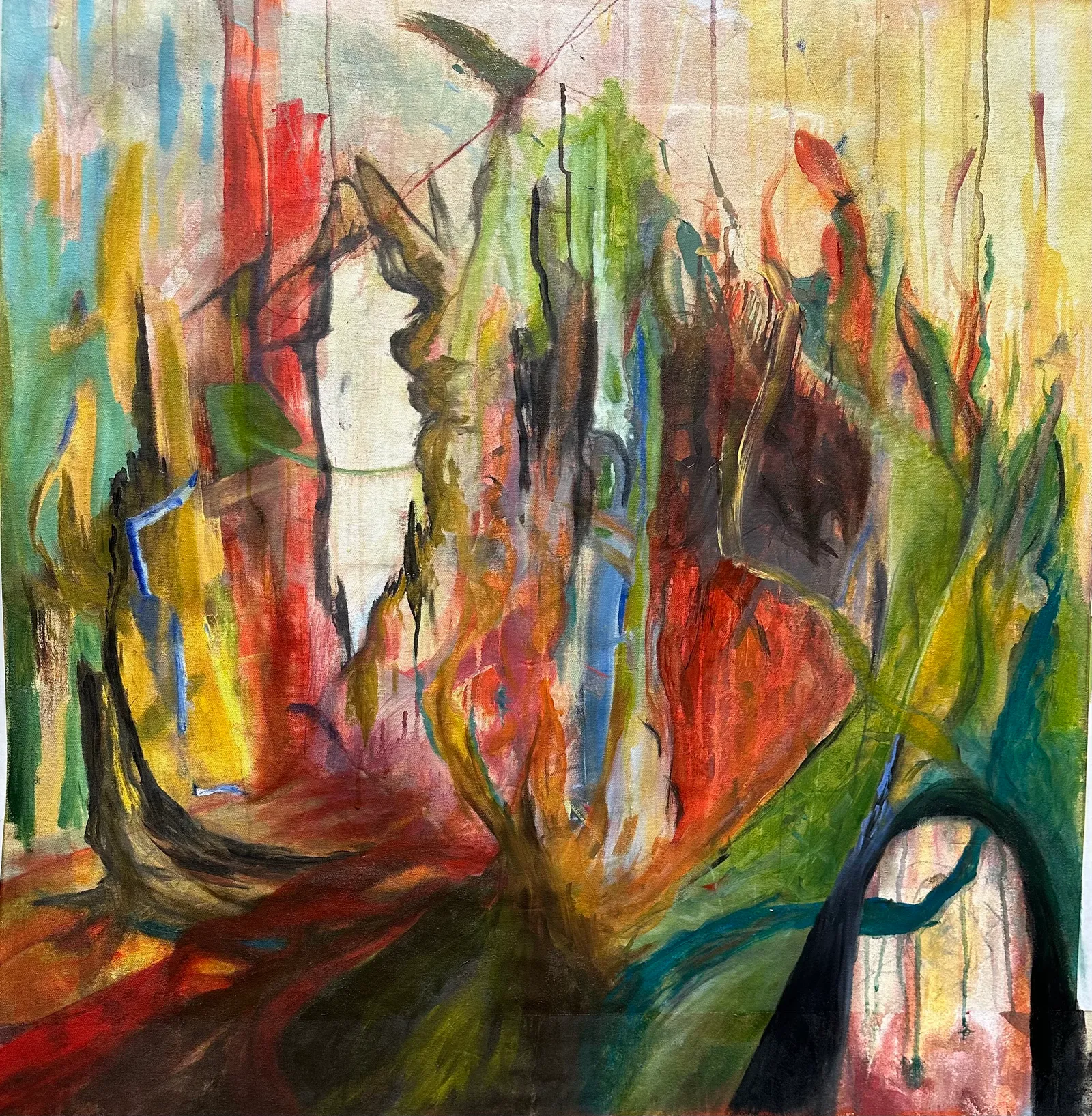 Tall, flame-like strokes of red, orange, green and yellow rising from a dark knot at the bottom, with a dark arch at the lower right