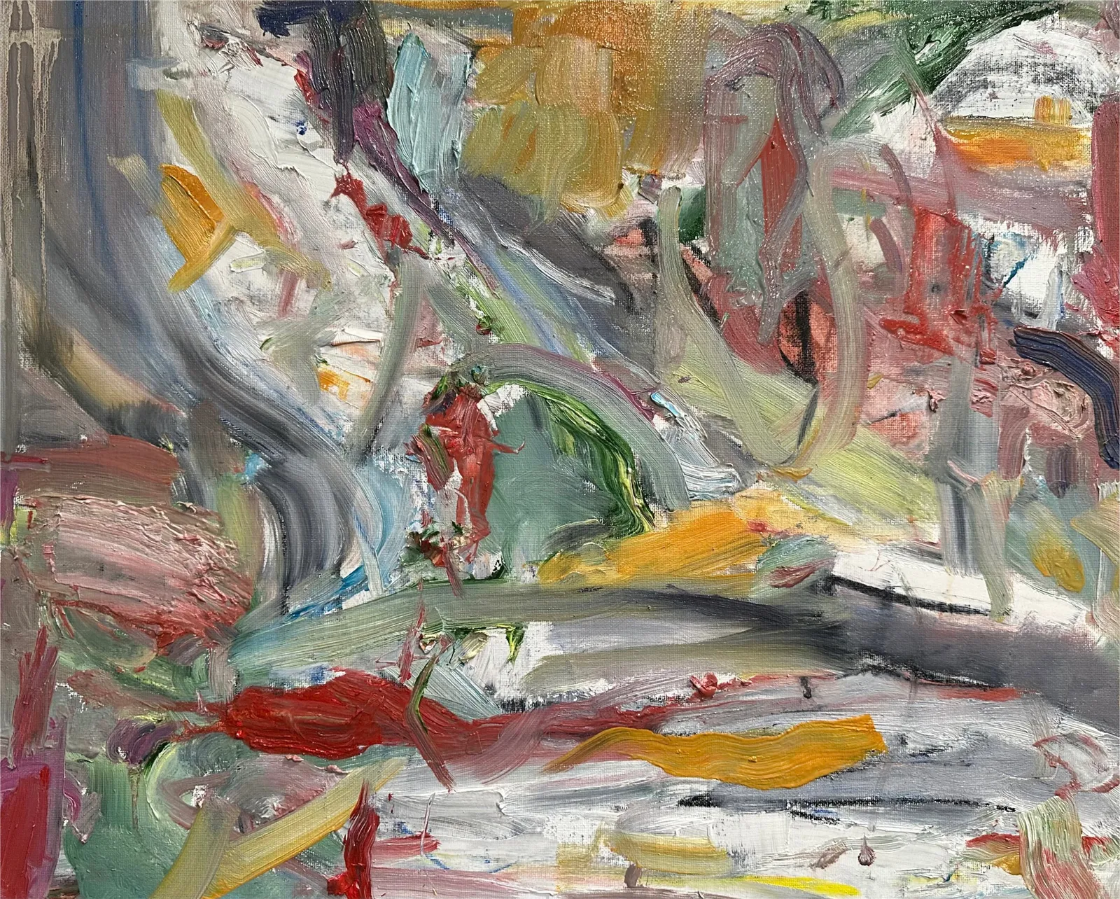 Busy, broken strokes of grey, white, ochre and red, with a dark horizontal streak and a red drip along the bottom