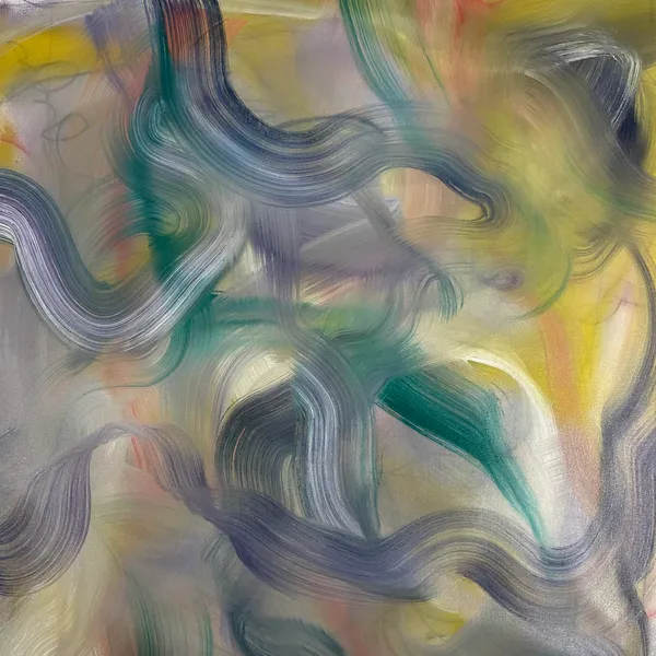 Soft, blurred ribbons of lavender, teal and pale yellow winding across a misty ground