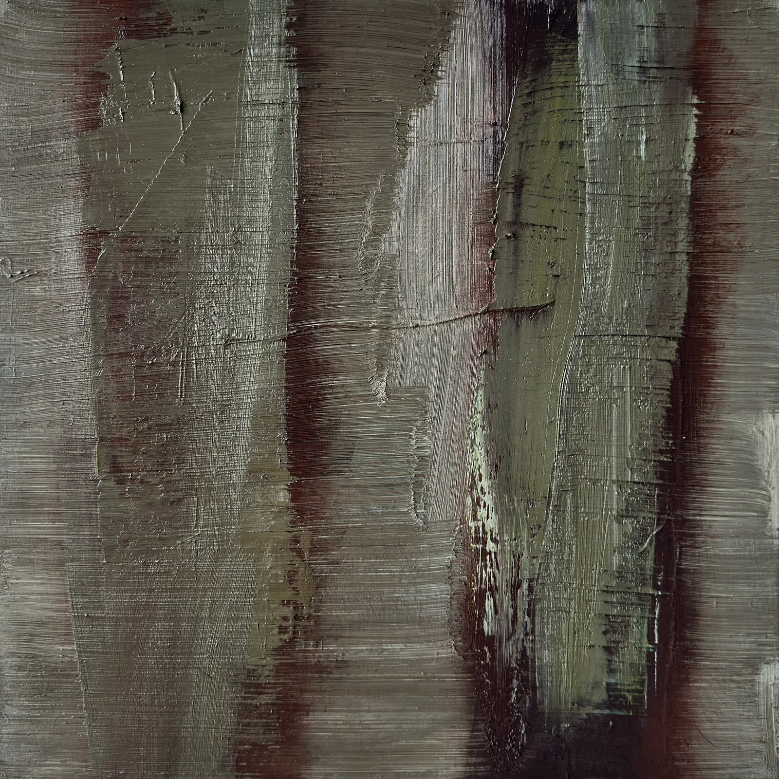 Square canvas of thick dragged vertical bands in grey-brown and olive green, split by dark maroon stripes