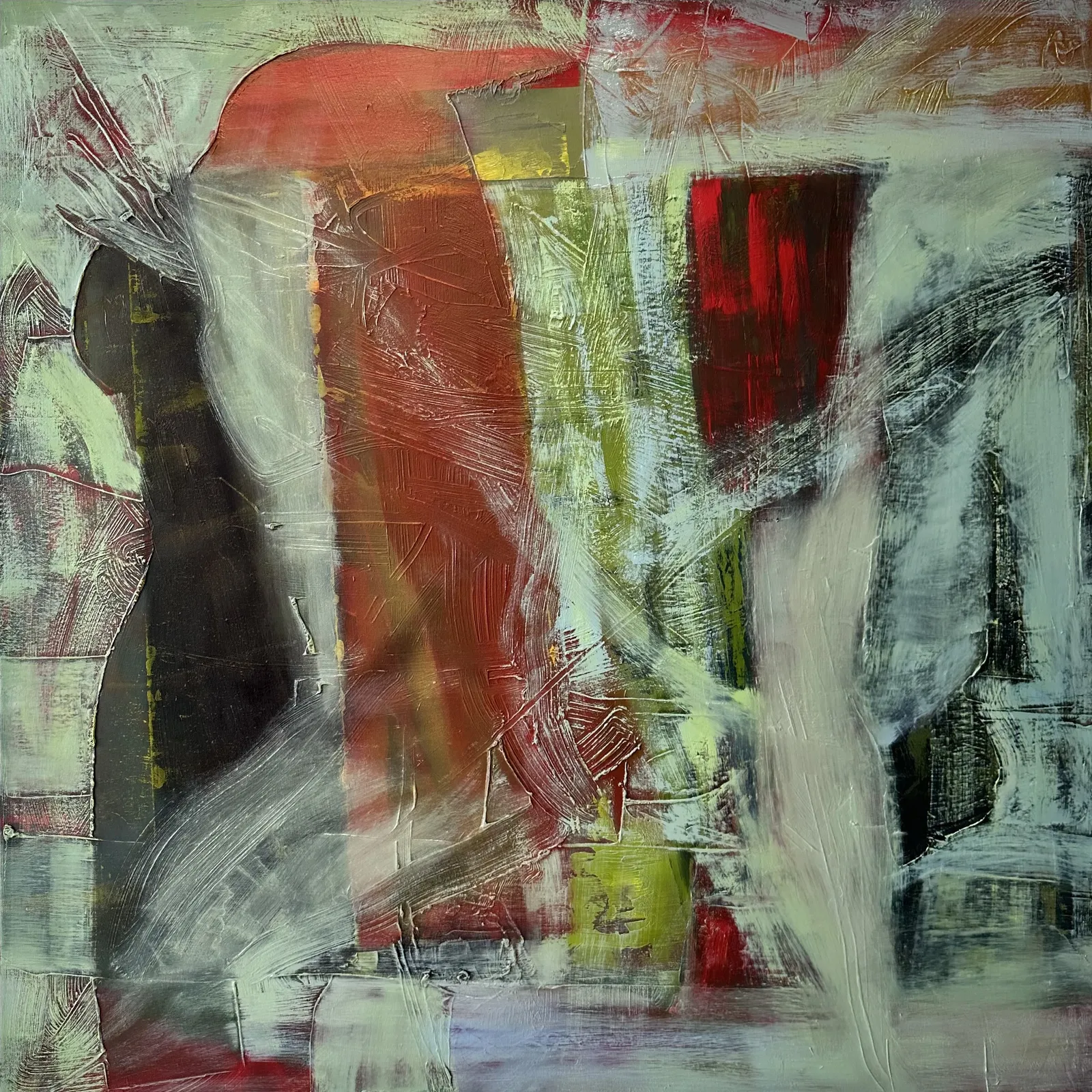 Square canvas of scraped pale green-white veils over blocks of red, rust, yellow-green and near-black