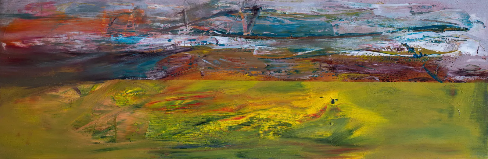 Long canvas with a broad field of yellow-green below a band of rust, teal and pinkish grey, worked with scraped white strokes