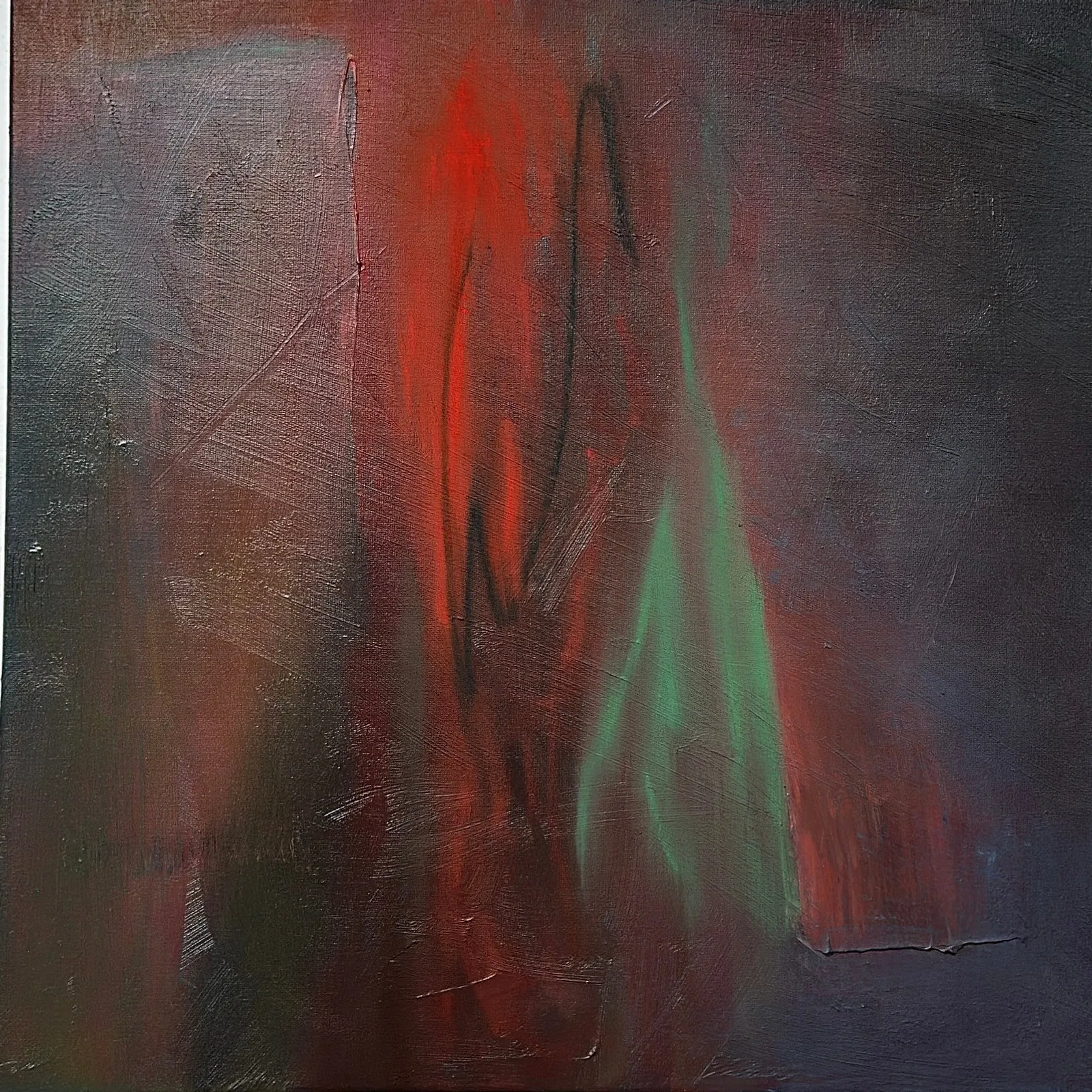 Dark plum ground with a bright red vertical band at the centre, pale green strokes to its right and a hazy pink patch at the left