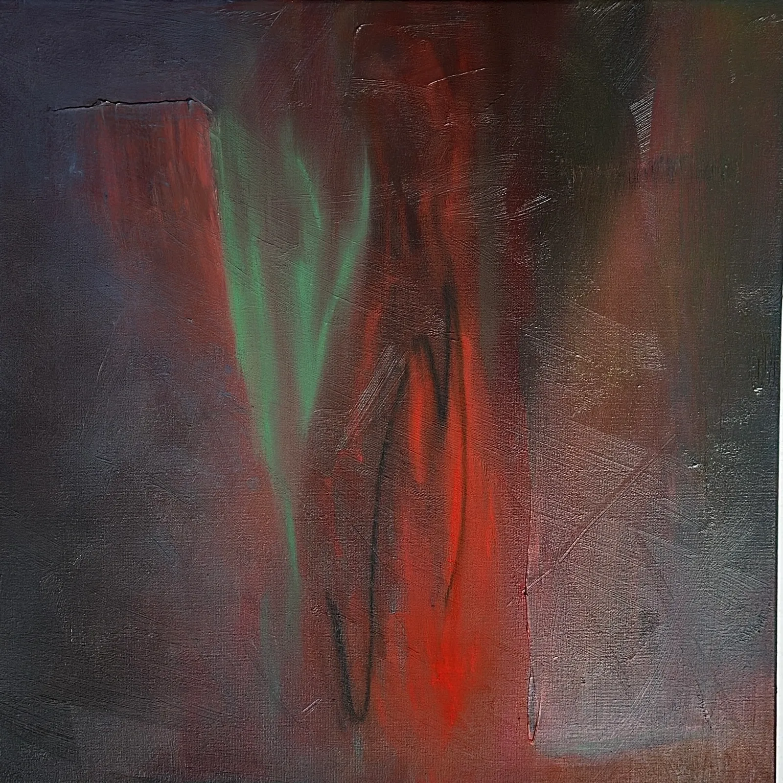 Dark plum ground with a bright red vertical band at the centre, pale green strokes rising to its left and a hazy pink patch at the right