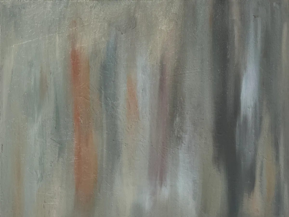 Soft vertical streaks of grey, white, rust and mauve running down a pale grey-green surface