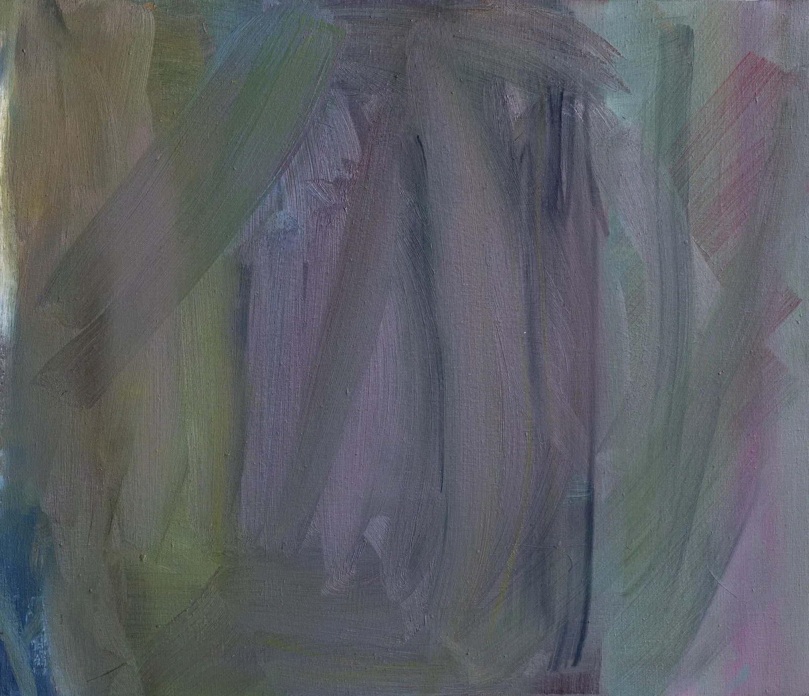 Broad, soft upright strokes of grey-violet, with sage green at the sides, a touch of pink at the right and deep blue at the lower left