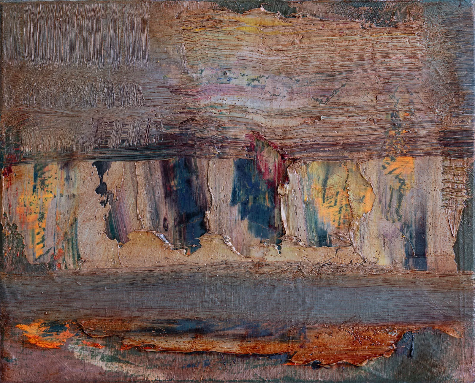 Thick, scraped bands of brown and grey-blue, with a torn middle band of pale ochre showing dark blue, pink and orange beneath, and a ragged streak of orange near the bottom