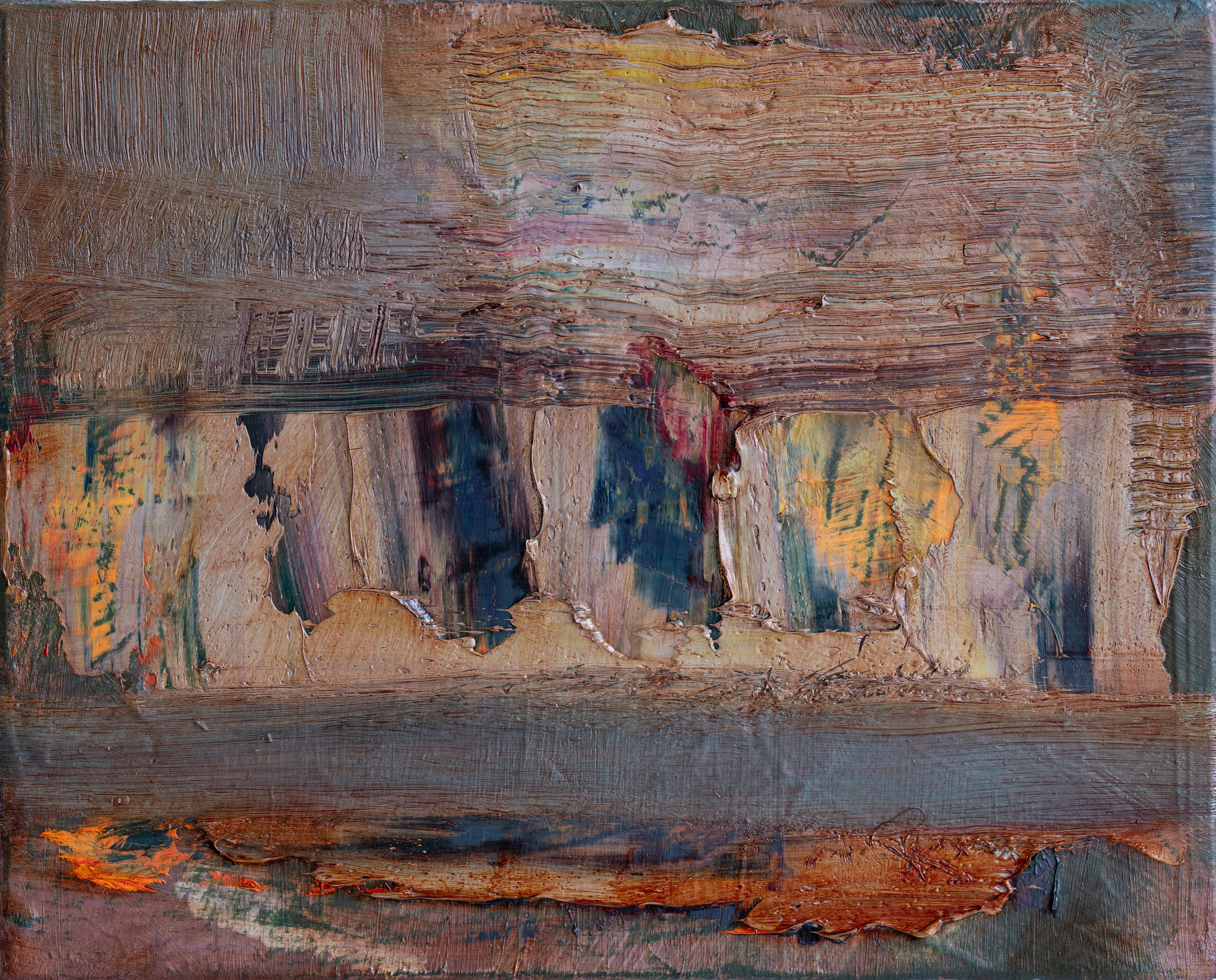 Thick, scraped bands of brown and grey-blue, with a torn middle band of pale ochre showing dark blue, pink and orange beneath, and a ragged streak of orange near the bottom