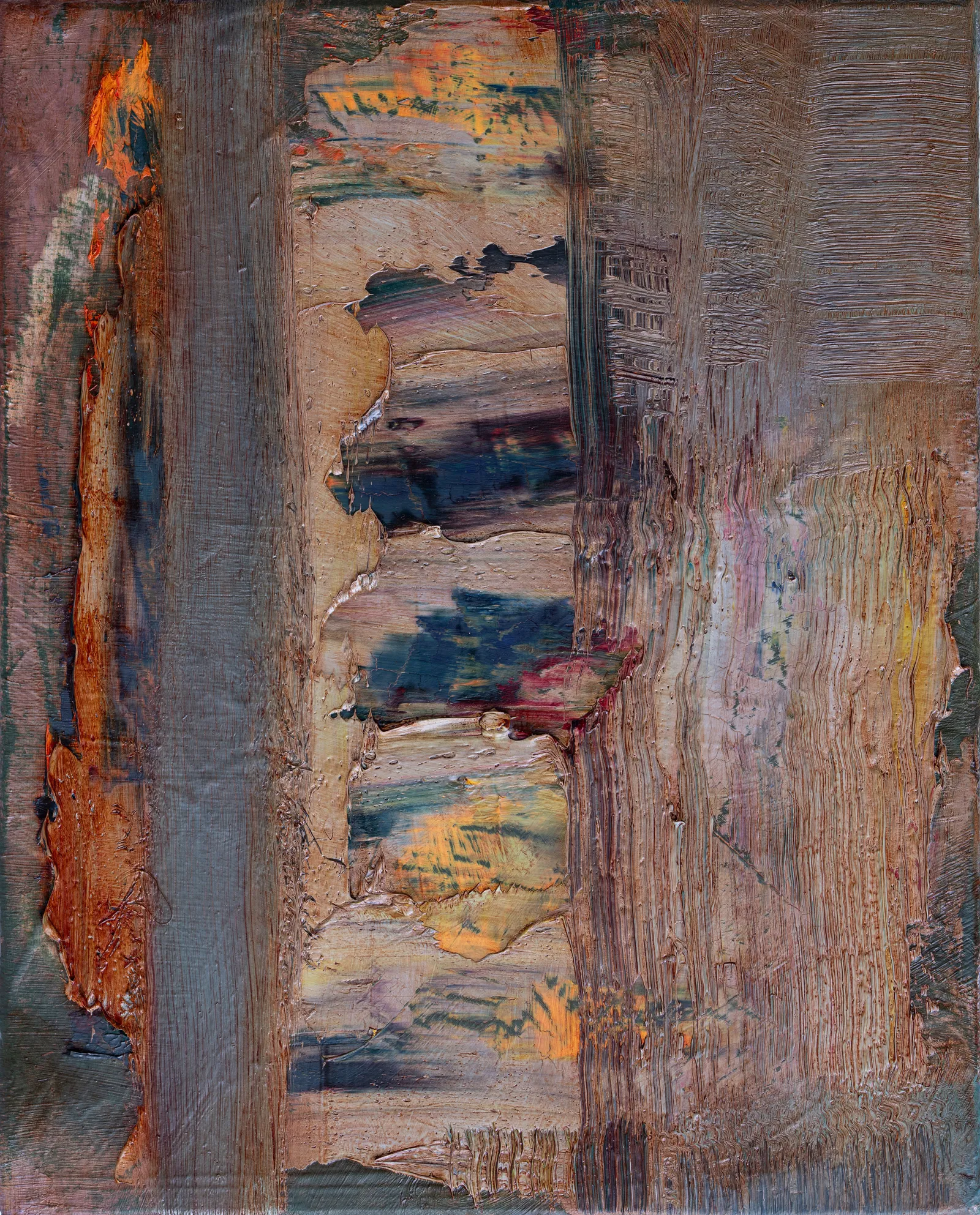 Thick, scraped vertical bands of brown and grey-blue, with a torn middle band of pale ochre showing dark blue, pink and orange beneath, and a ragged streak of orange near the right edge