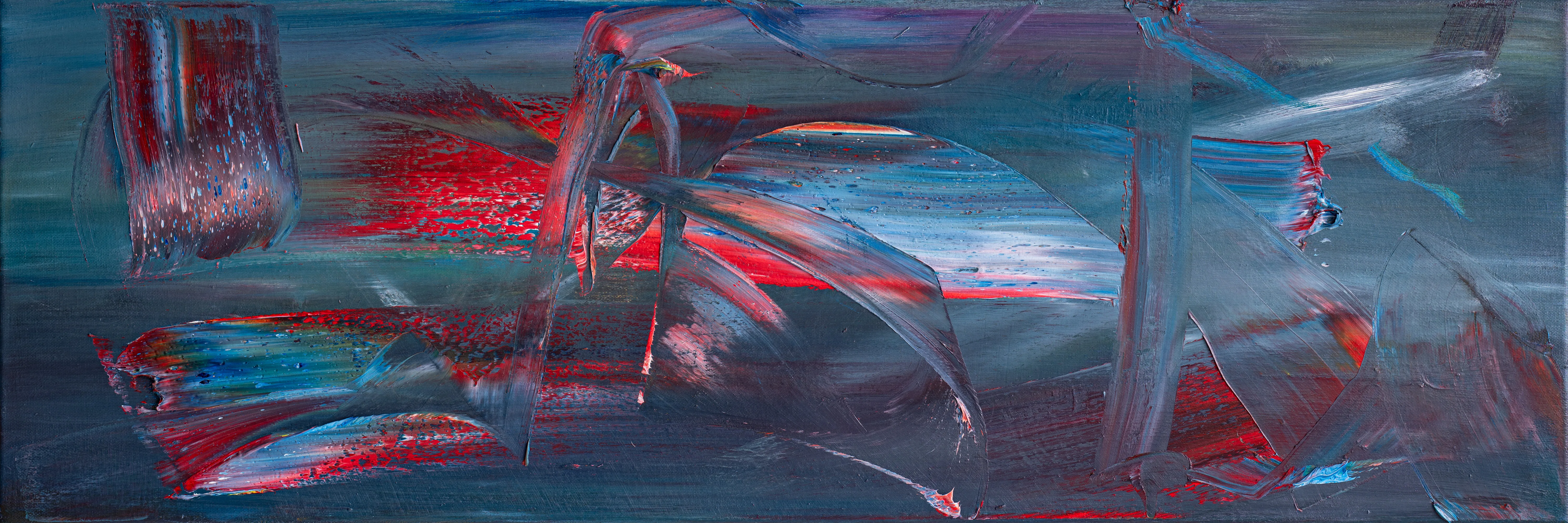 Long canvas of slate blue-grey cut through with sweeping scraped strokes, red flaring underneath and pale blue light breaking through the middle