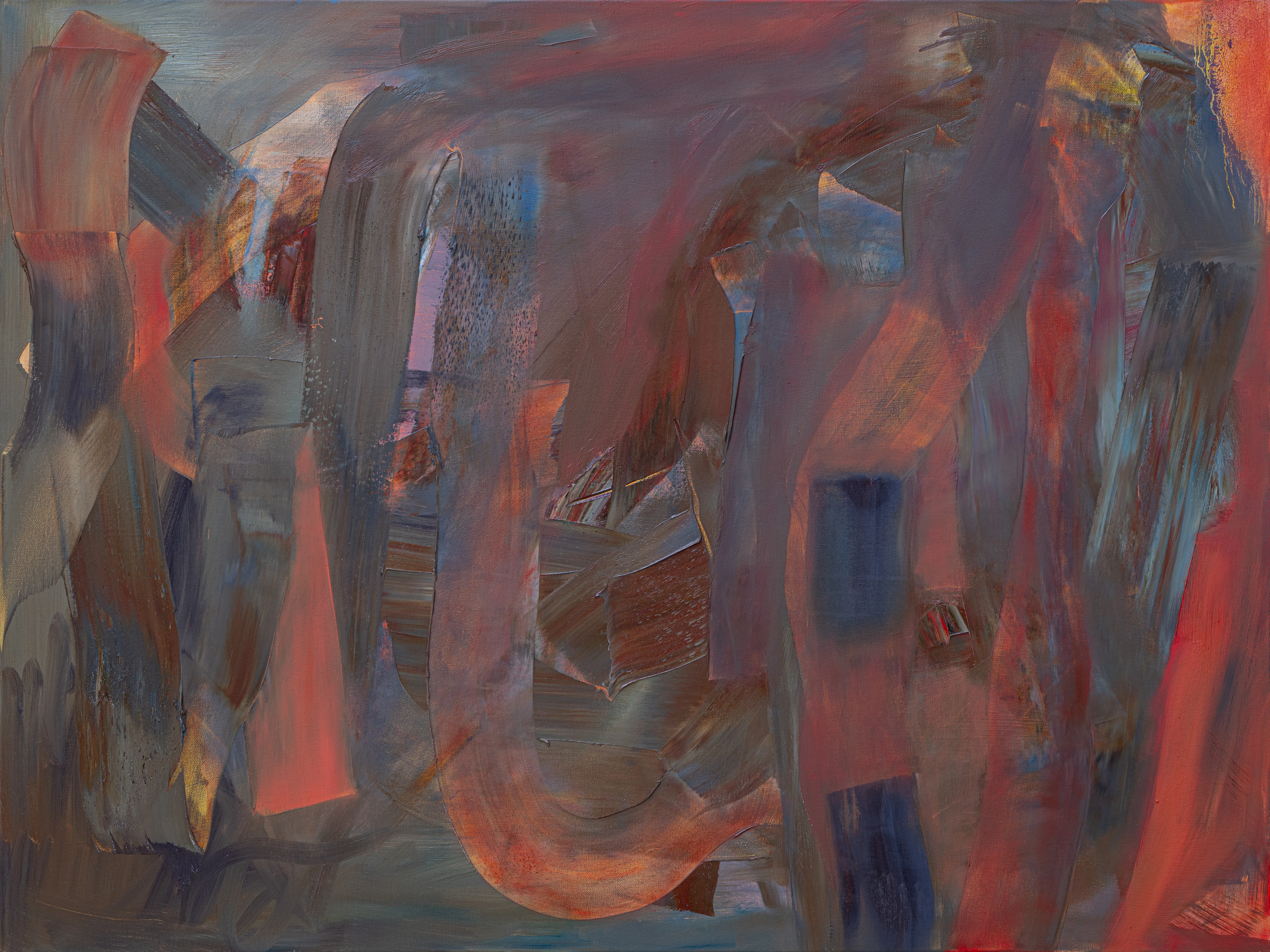 Wide canvas of broad dragged strokes in coral, rust and smoky grey-brown, a looping orange sweep at the centre and small deep blue blocks to the right
