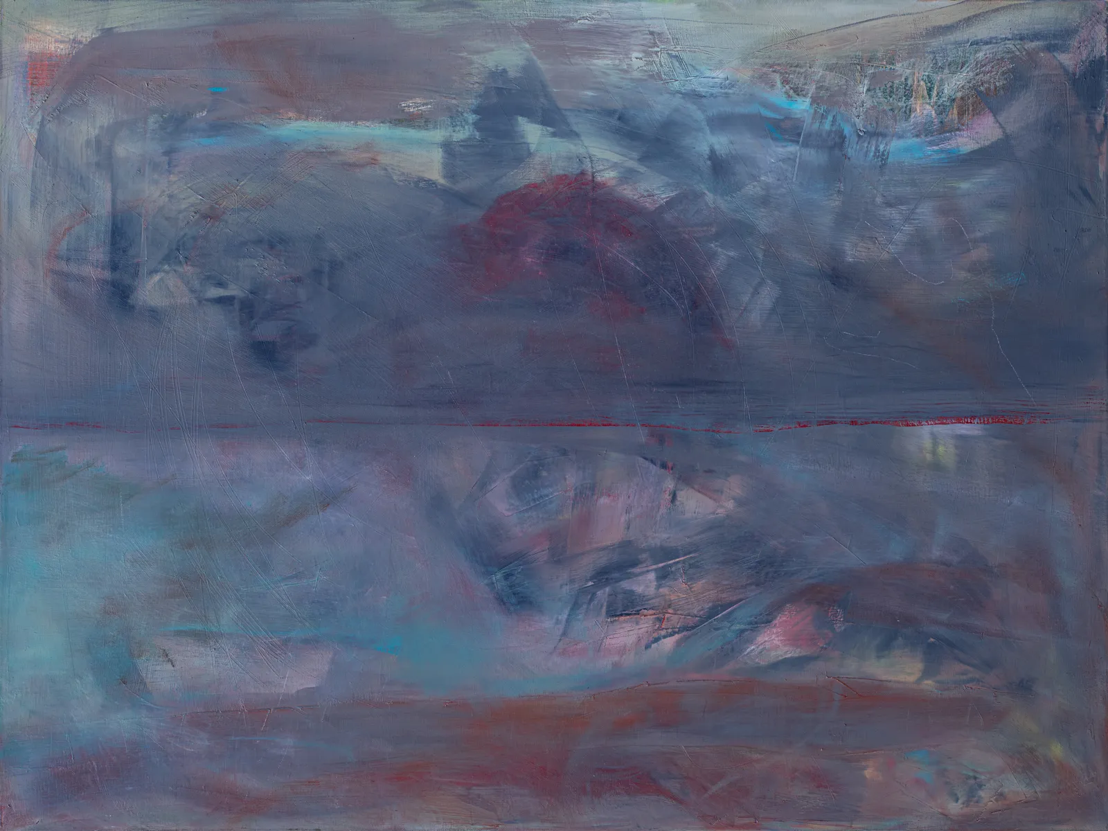 Wide canvas of hazy blue-violet and grey veiled over turquoise and rust, split across the middle by a thin red line, with a smudge of crimson beside it