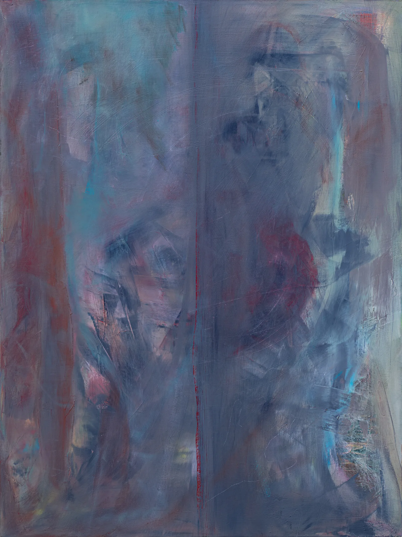 Tall canvas of hazy blue-violet and grey veiled over turquoise and rust, split down the middle by a thin red line, with a smudge of crimson to its right