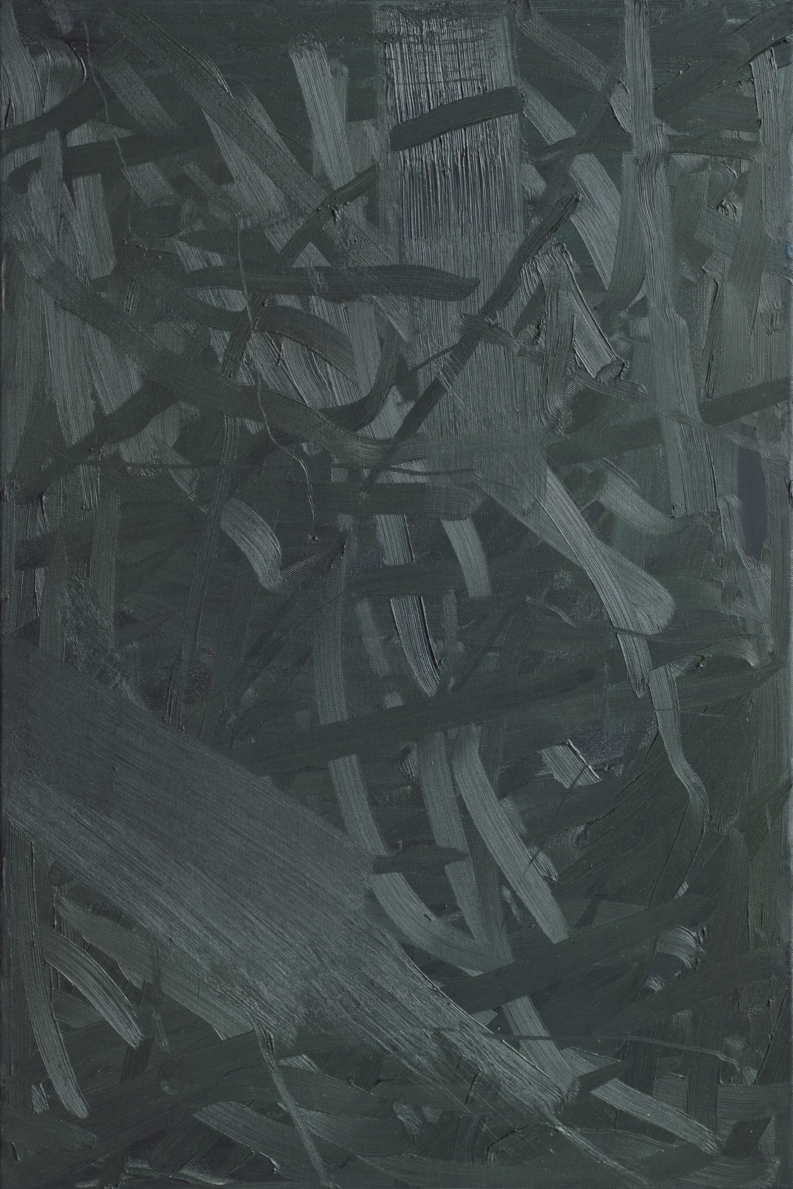 Tall canvas in near-black green-grey, covered in crossing brushstrokes whose ridges catch the light, a broad smoother sweep running down to the lower left