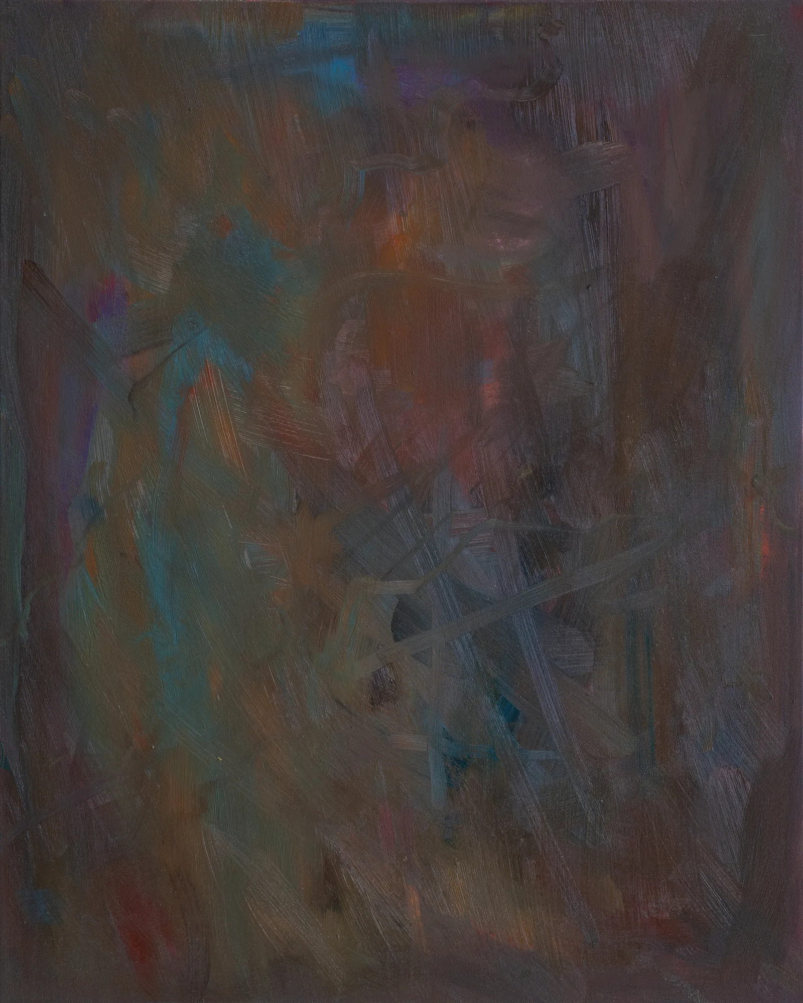 Upright canvas of dusky brown and plum brushed thinly in loose vertical and crossing strokes, with glimmers of teal, rust and violet coming through
