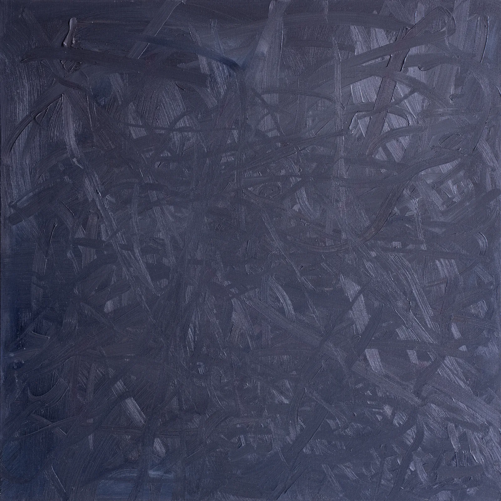 Square canvas of deep blue-black, a dense tangle of looping and crossing brushstrokes that shows only where the light catches their ridges