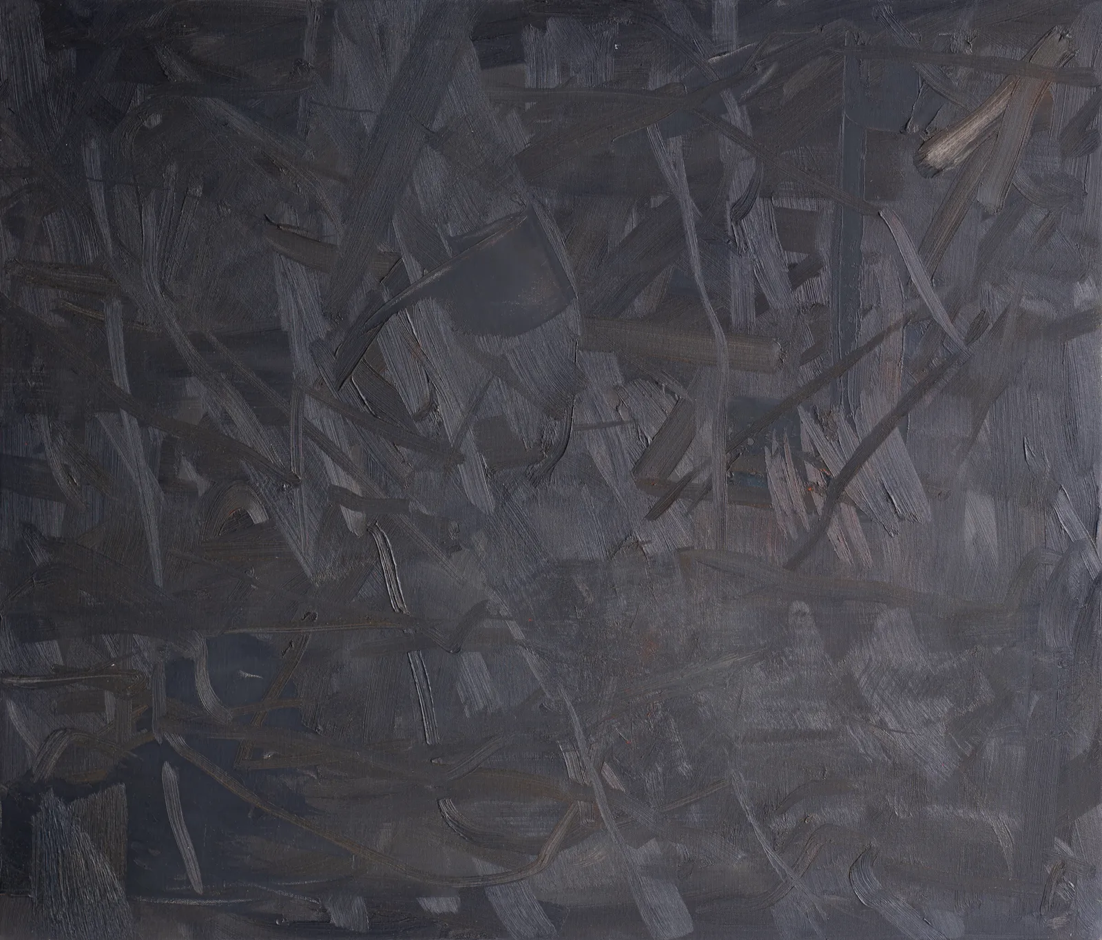 Wide canvas of near-black worked in thick crossing strokes, their ridges catching the light grey, with a single pale fleck at the upper right