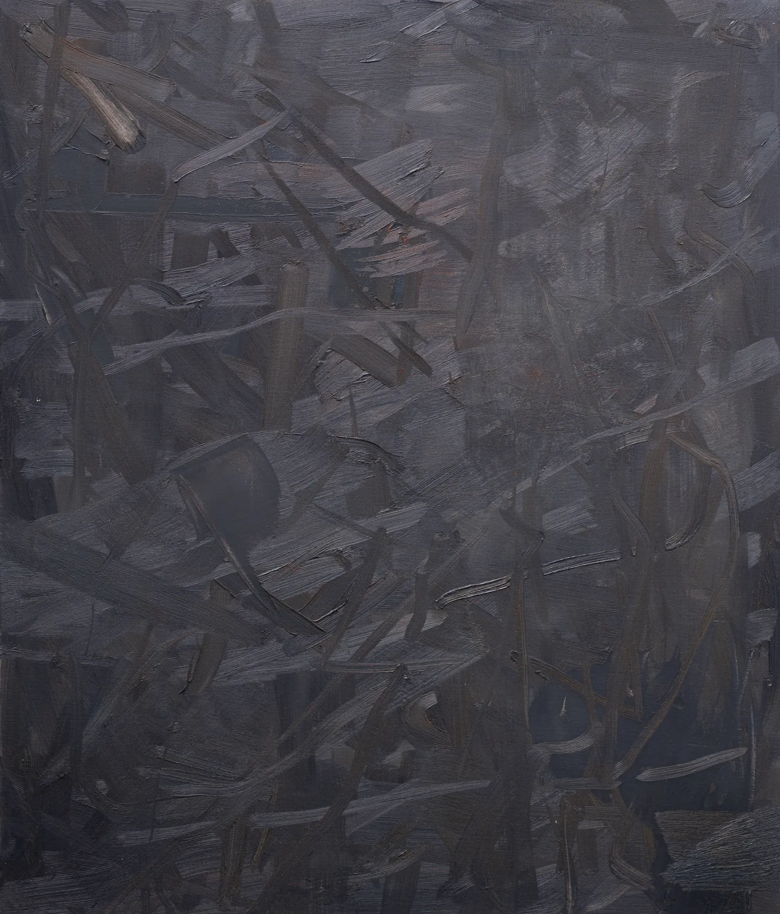 Upright canvas of near-black worked in thick crossing strokes, their ridges catching the light grey, with a single pale fleck at the upper left