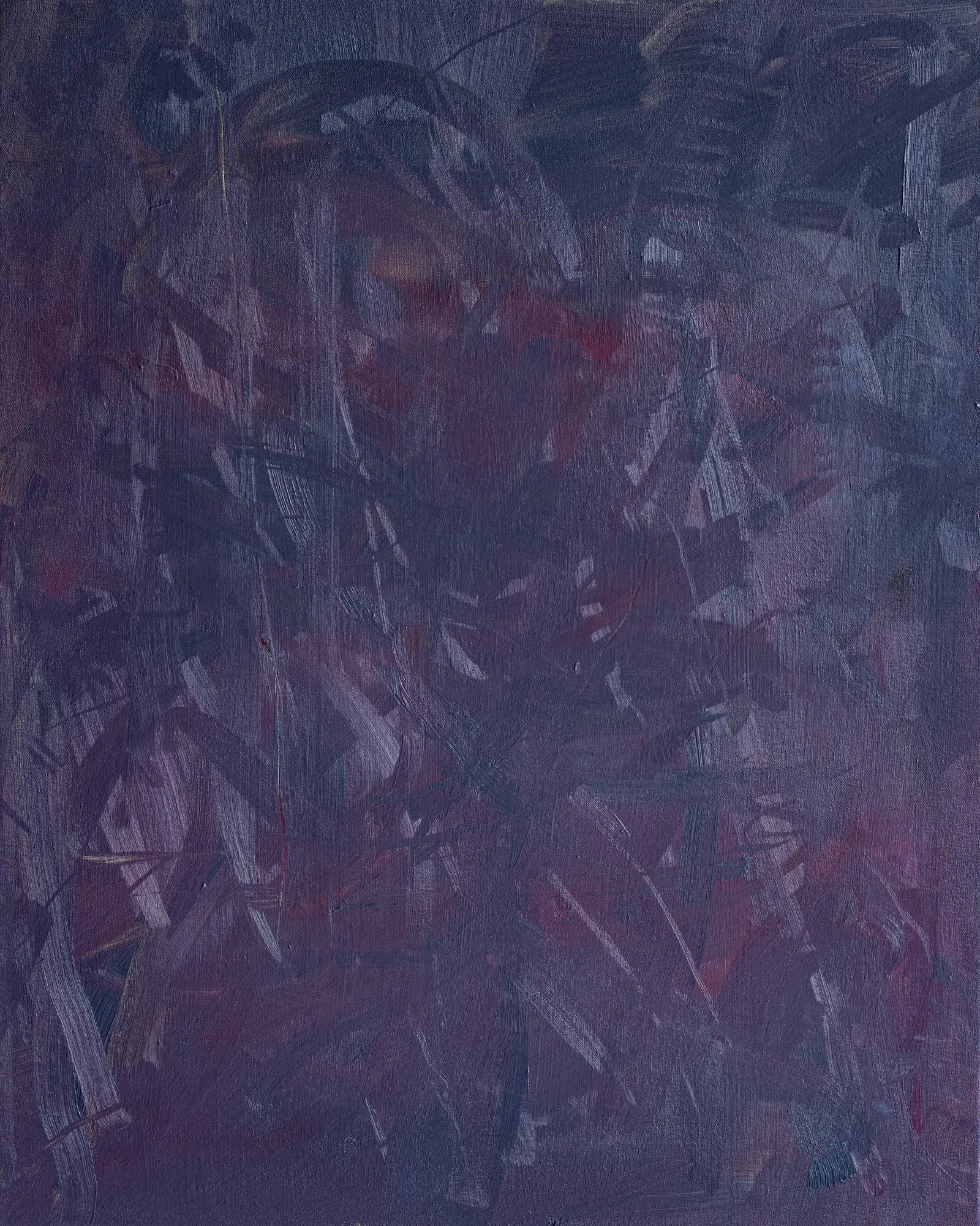 Upright canvas of dusky violet and plum, a thicket of quick crossing strokes with glints of deep red showing through toward the middle