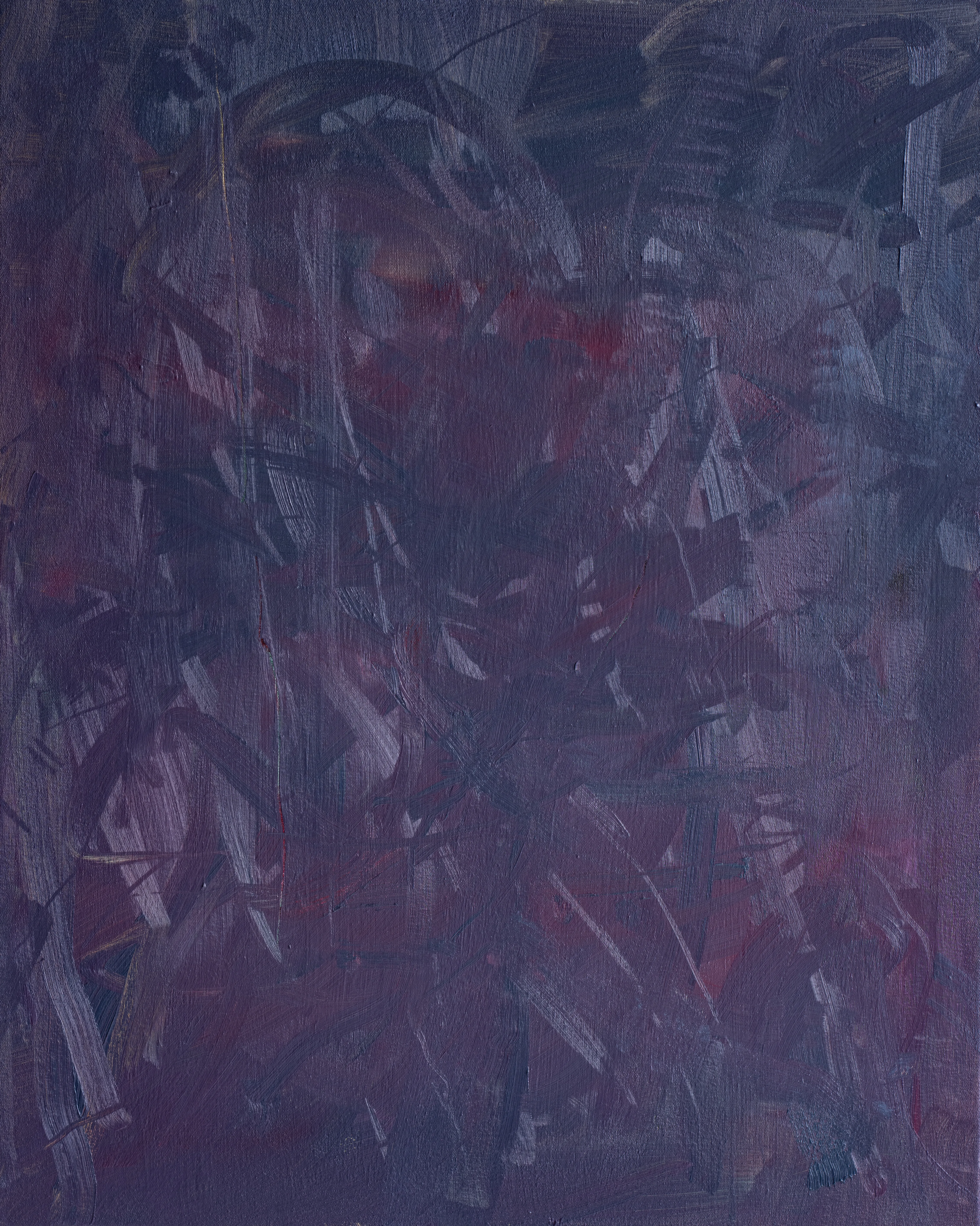 Upright canvas of dusky violet and plum, a thicket of quick crossing strokes with glints of deep red showing through toward the middle