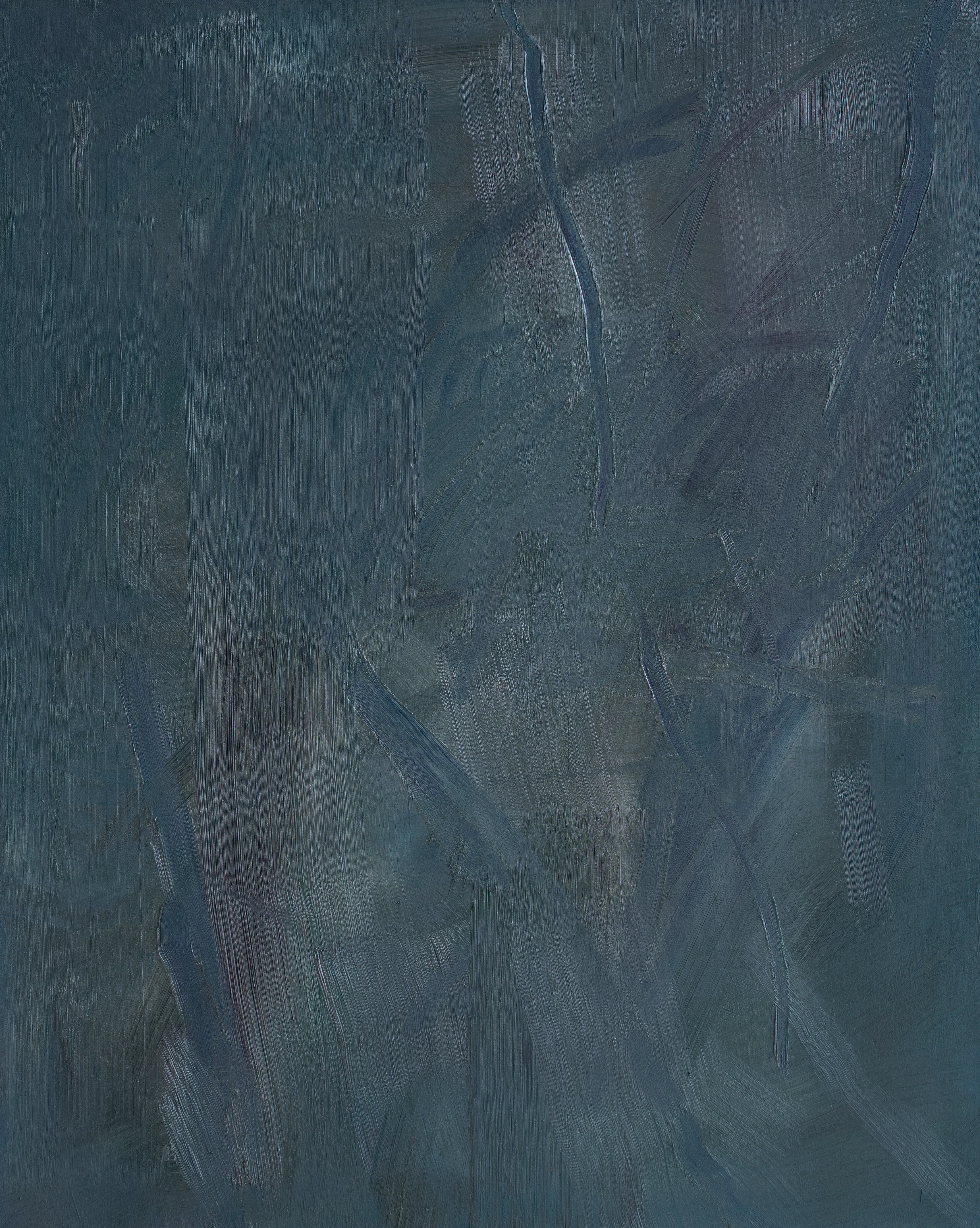 Upright canvas of dark slate green, brushed thinly in vertical strokes with a few raised lines running down through it