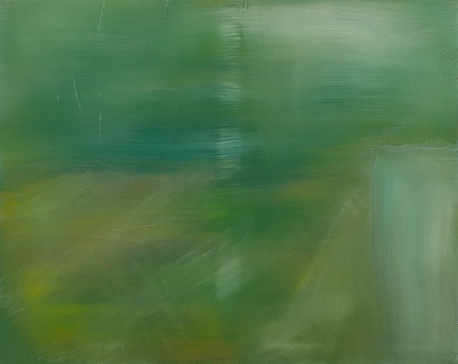 Upright canvas of soft blurred greens, from pale sage to deep teal and yellow-green, smoothly brushed in broad upright and crosswise bands