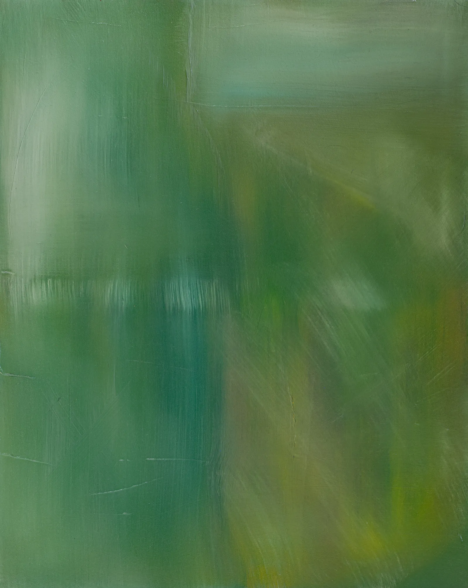 Upright canvas of soft blurred greens, from pale sage to deep teal and yellow-green, smoothly brushed in broad upright and crosswise bands