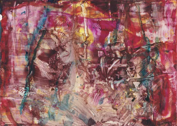 Dense abstract in crimson, magenta and brown ink with yellow light breaking through and streaks of teal