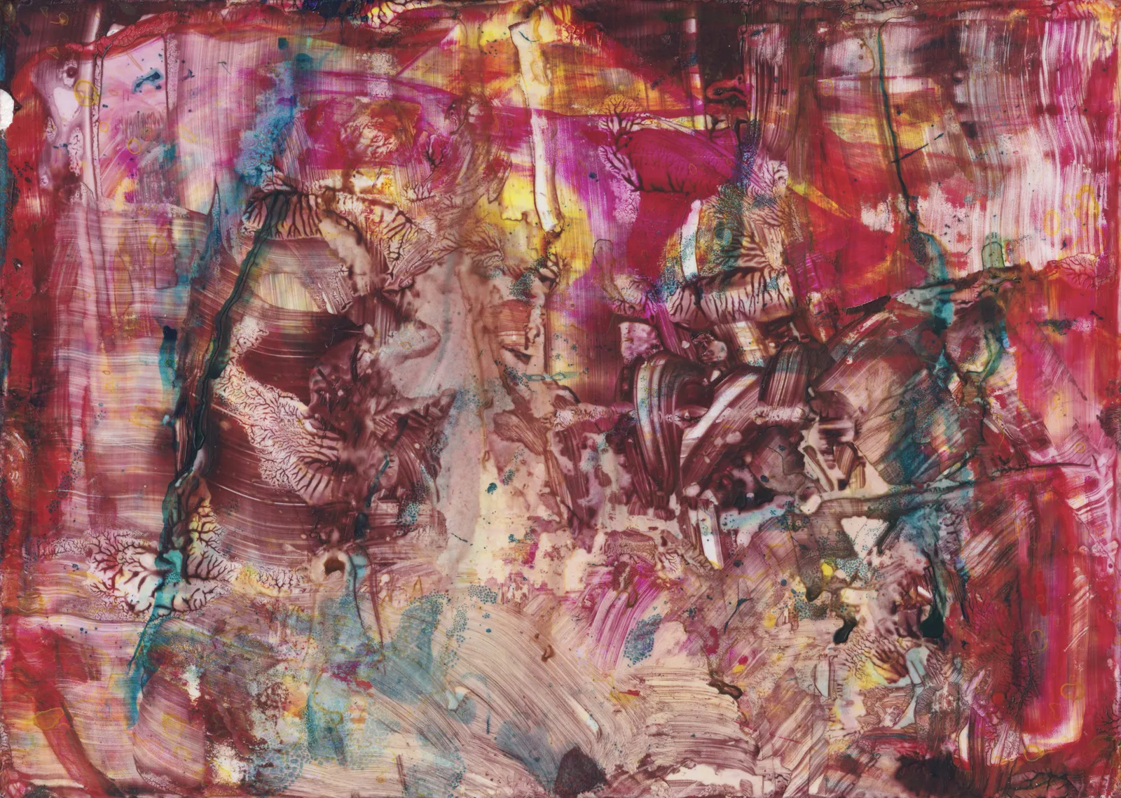 Dense abstract in crimson, magenta and brown ink with yellow light breaking through and streaks of teal